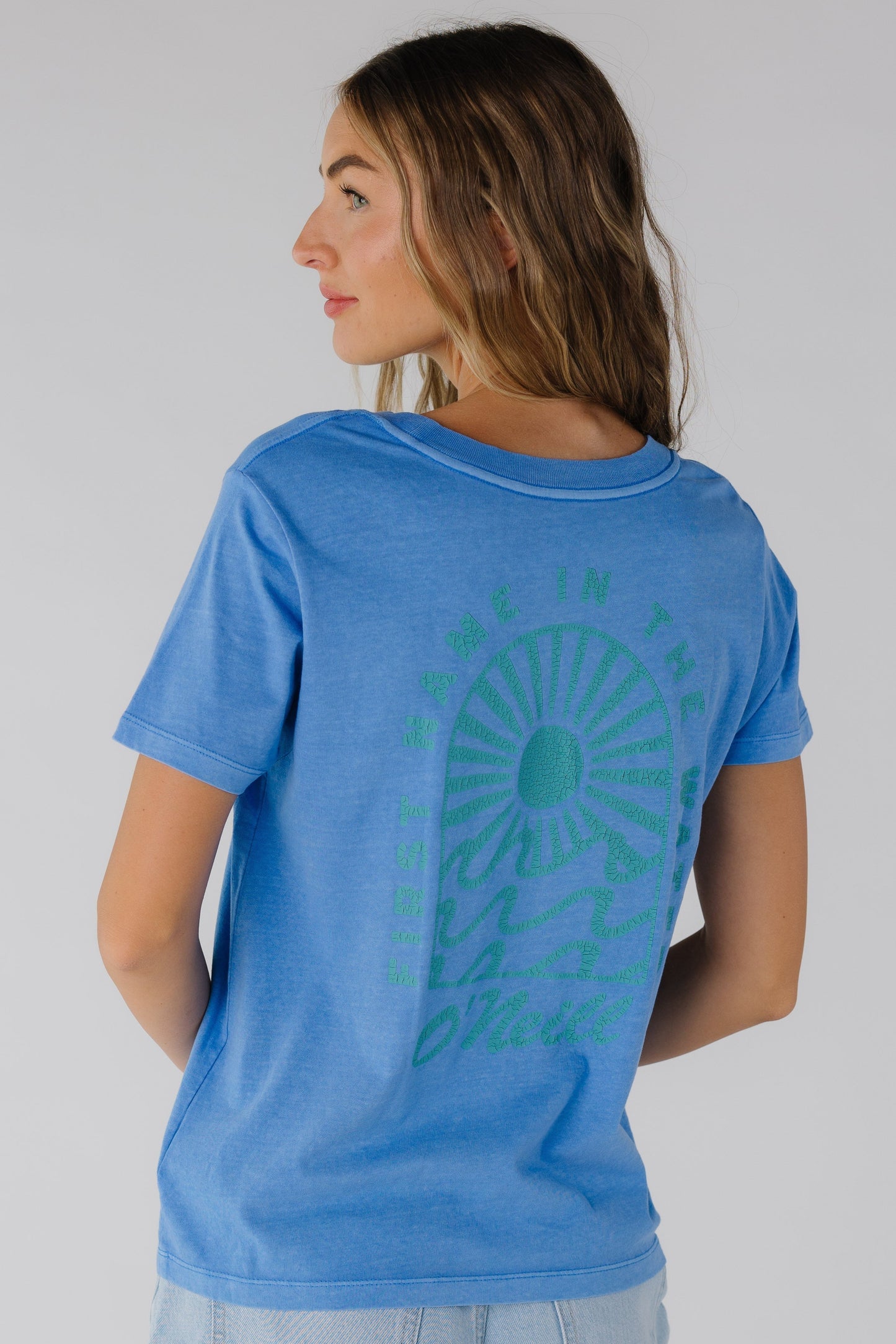 Back view of blue O'Neill short sleeve modest tee