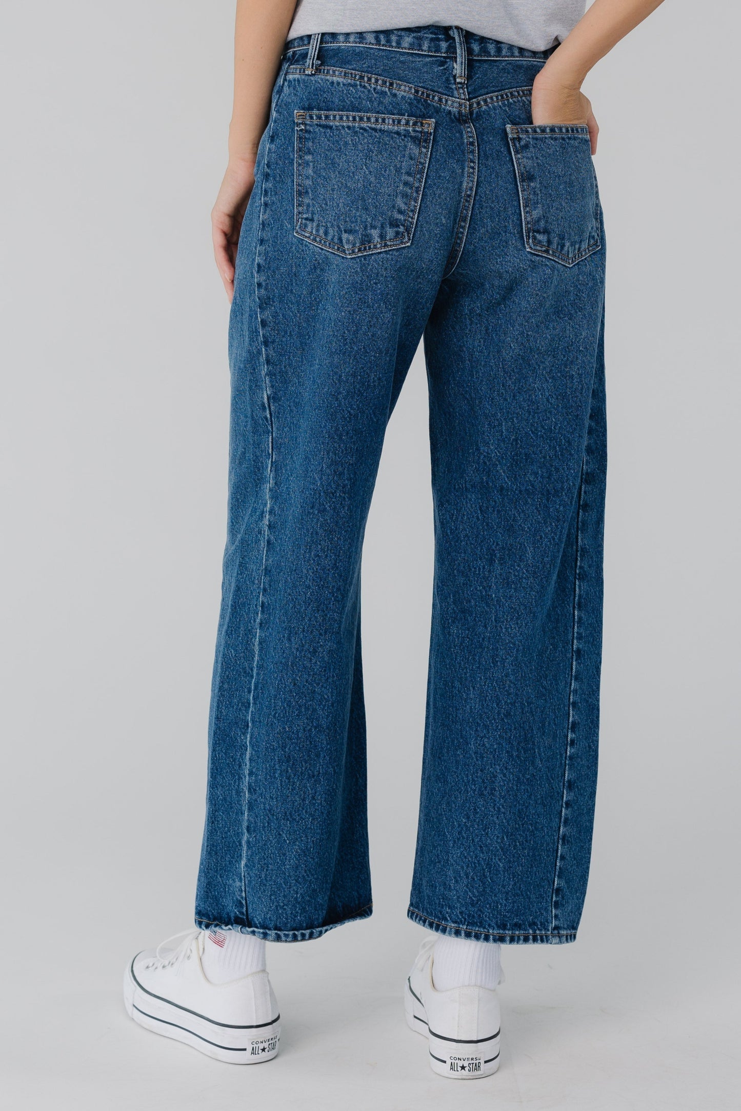 Back view of very wide leg jeans