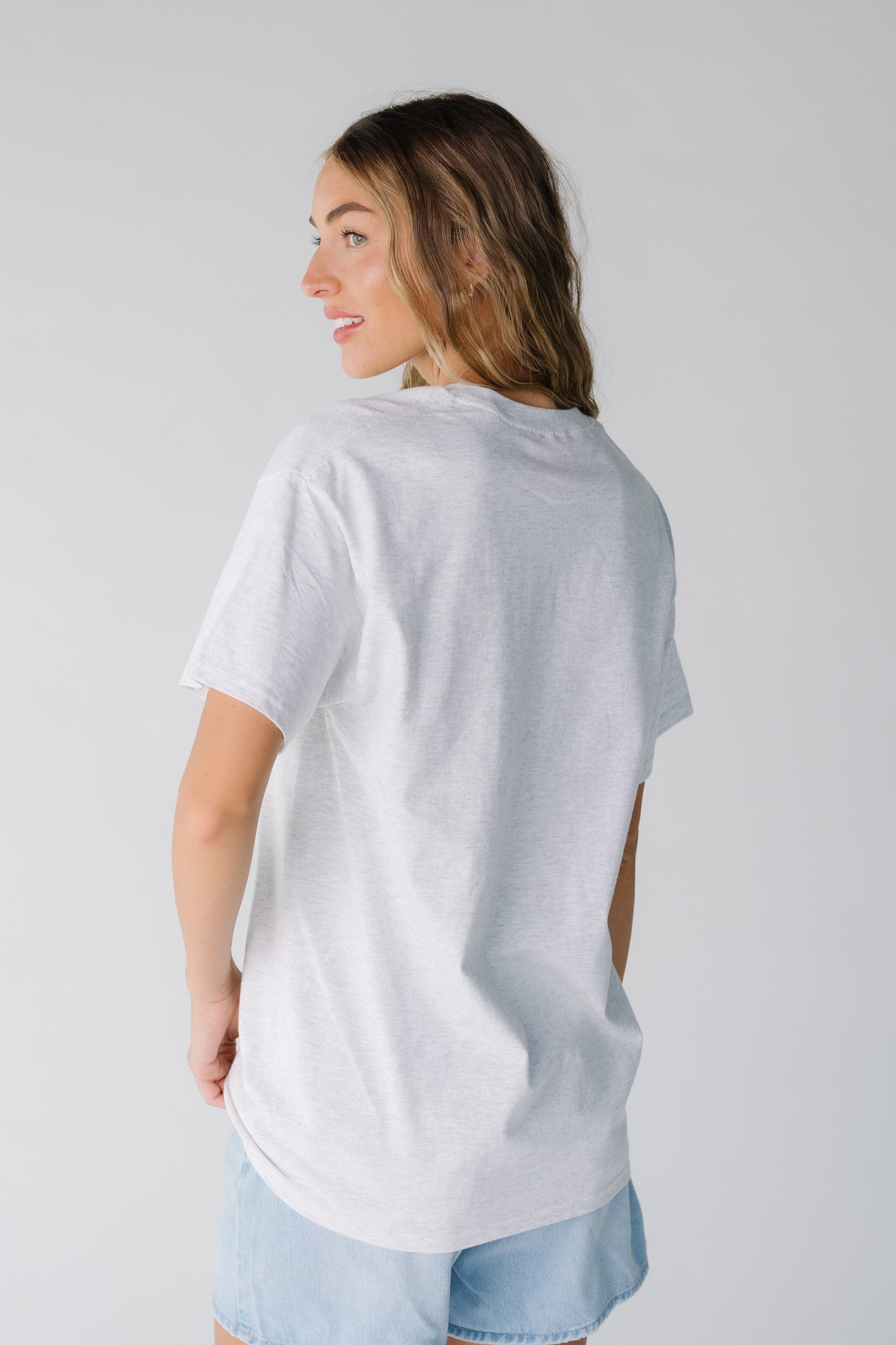 Back view of light ash grey tee