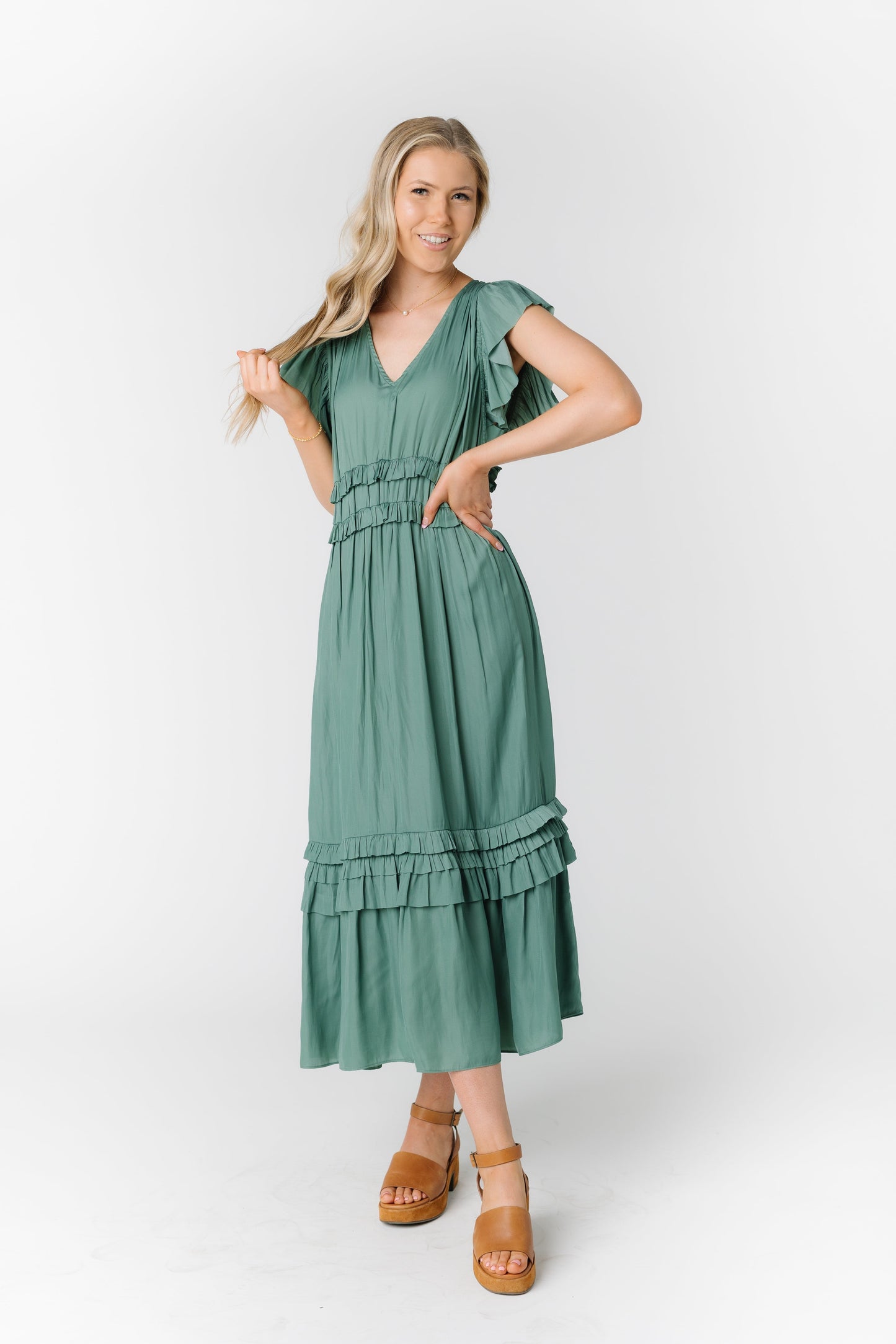 Ruffled Satin V-Neck Dress WOMEN'S DRESS Grade & Gather Lagoon L