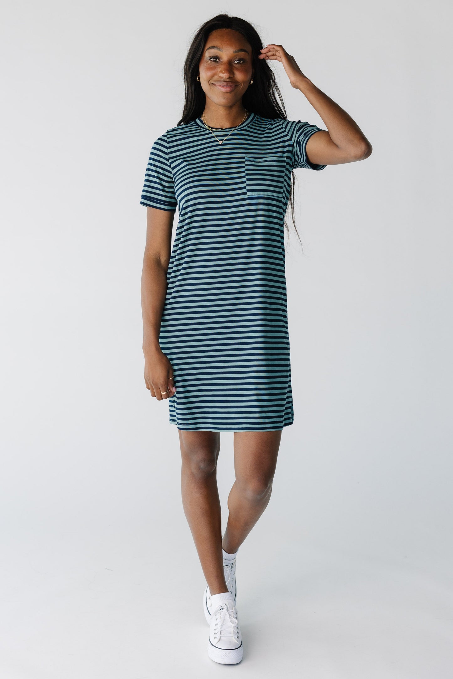 Modest t-shirt dress in blue and navy with crew neckline and short sleeves