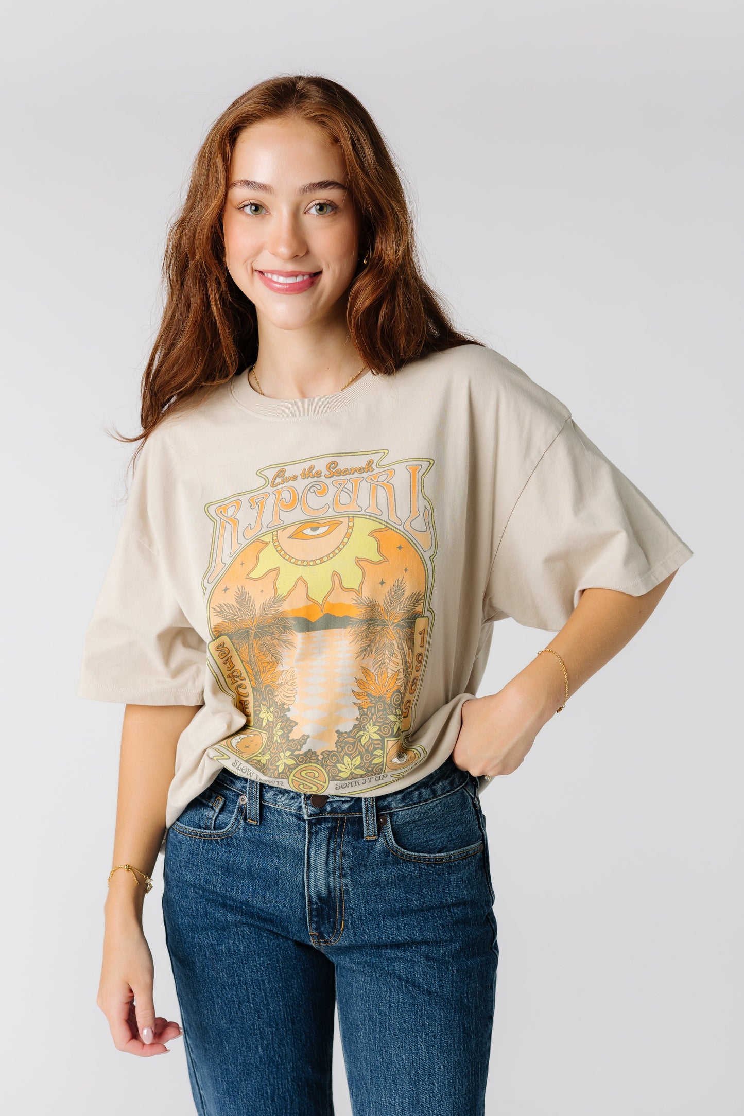 Rip Curl Slow Down Heritage graphic tee with short sleeves in tan