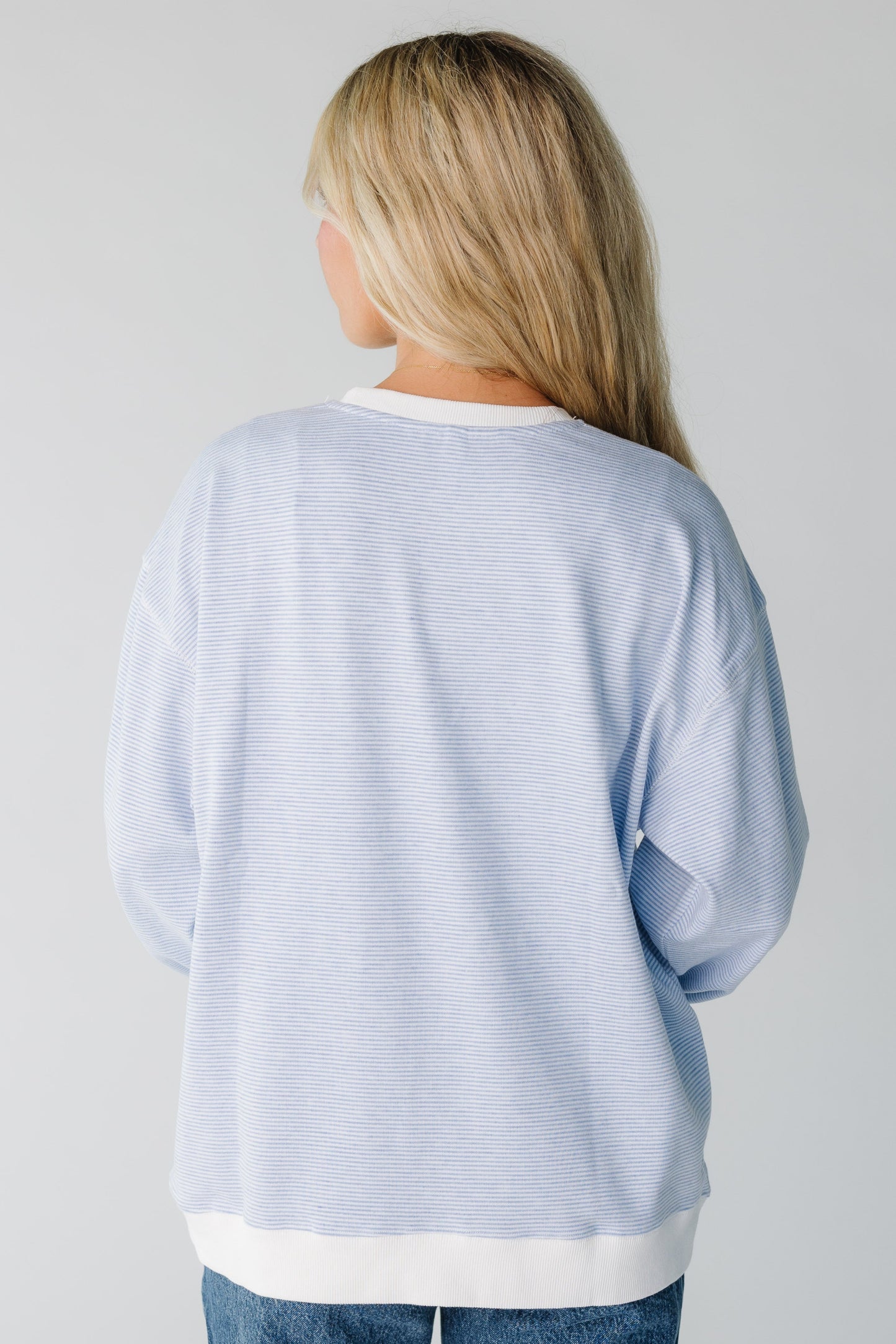 Back view of light blue stripe sweatshirt