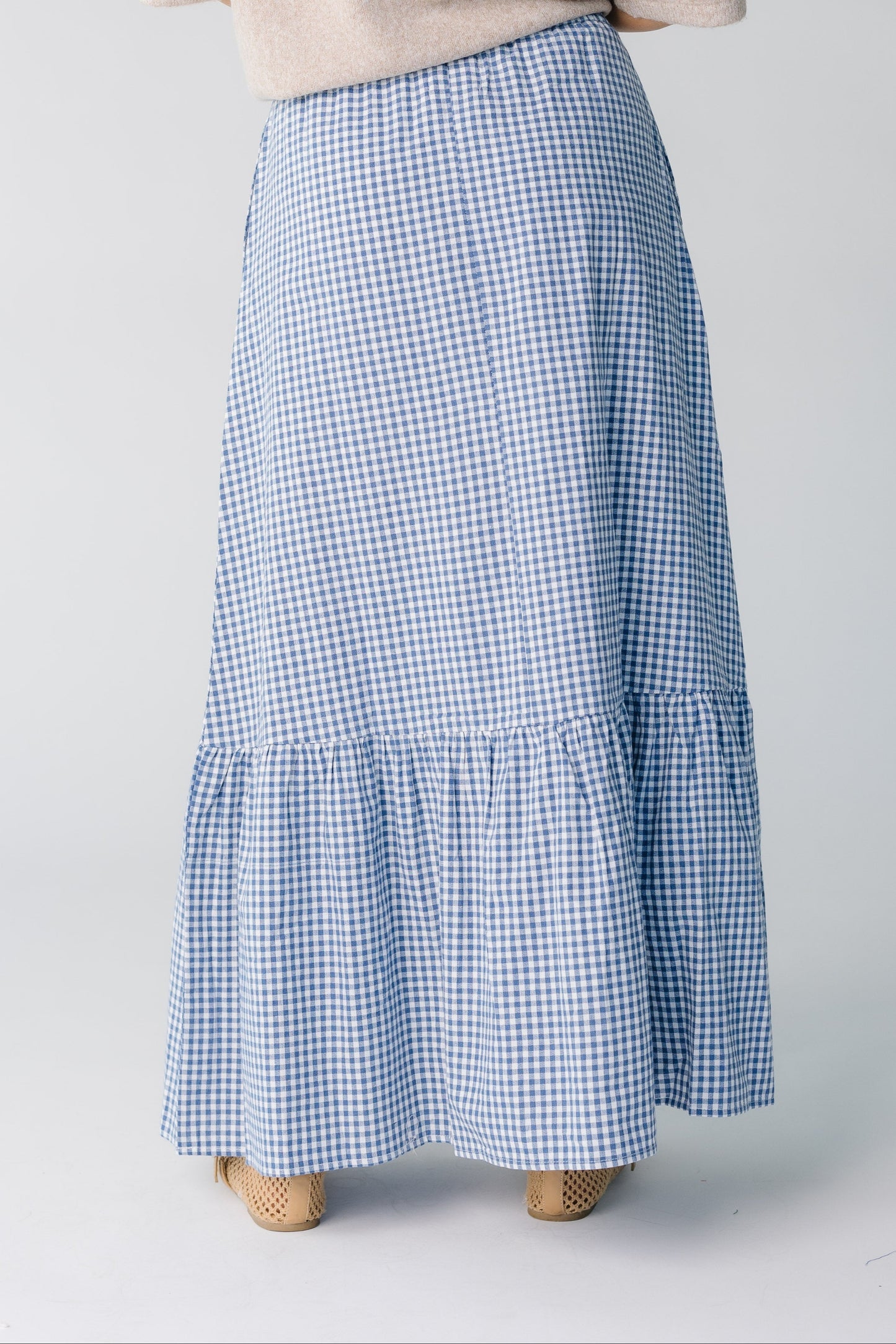 Back view of blue gingham maxi skirt for women