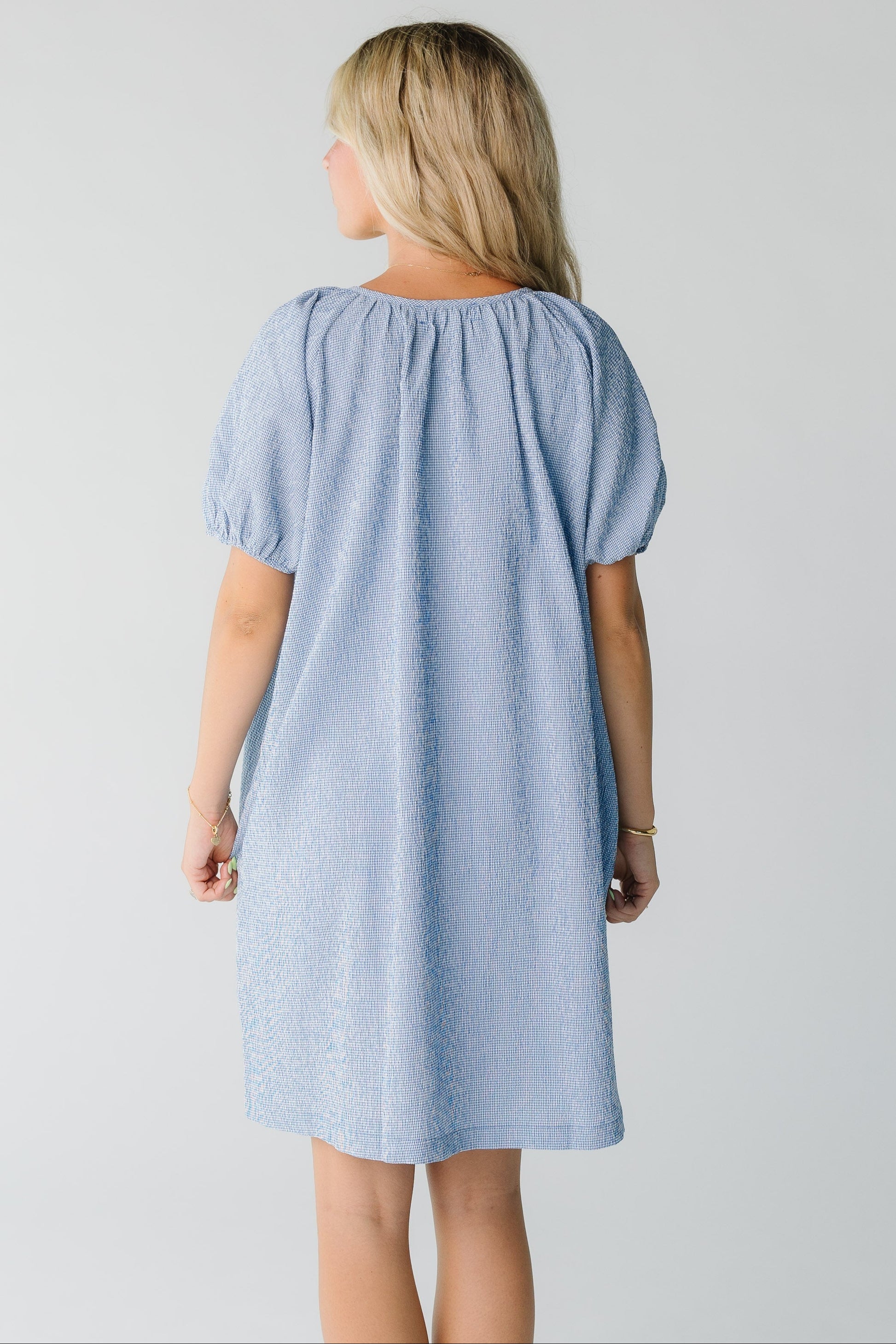 Back view of light blue gingham knee length dress with short sleeves