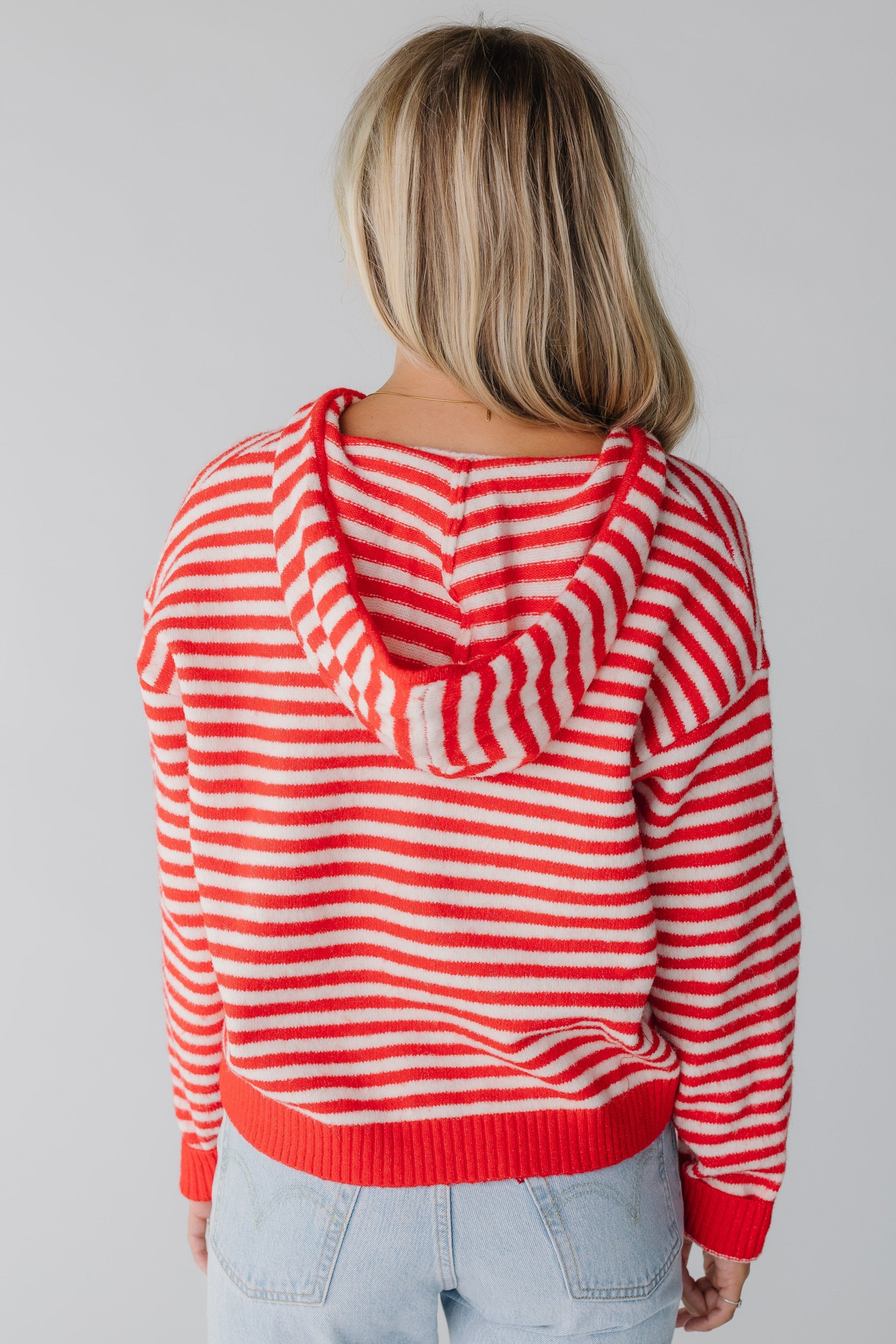 Modest women's red and white stripe hoodie cardigan