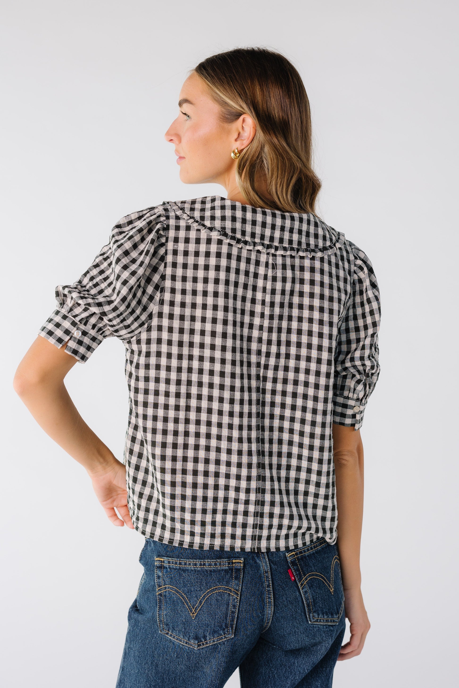 Brass & Roe Gingham Collared Top Black/White WOMEN'S TOP brass & roe