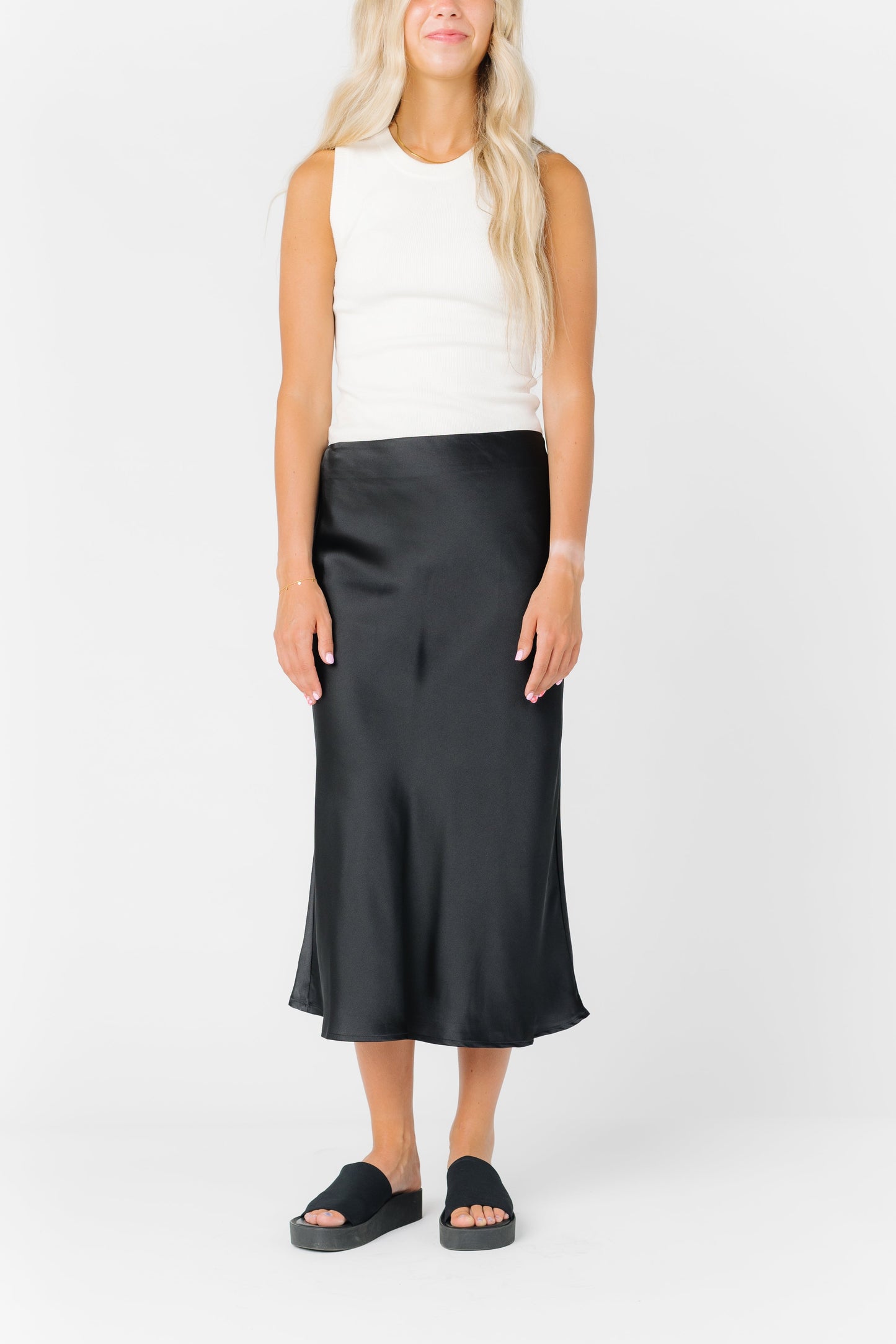 Romance Midi Satin Skirt WOMEN'S SKIRTS Things Between Black L 