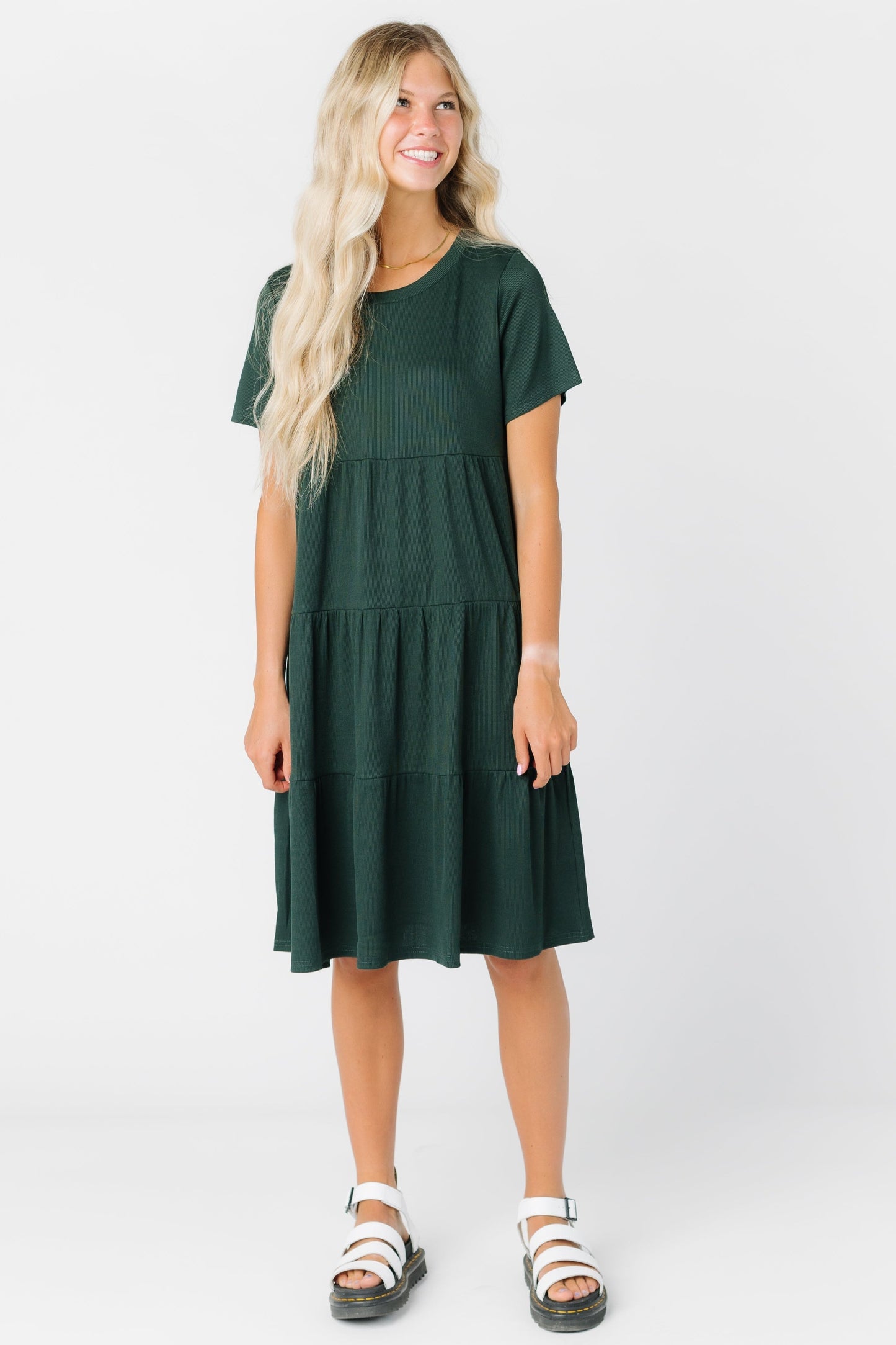 Brass & Roe Summer Ribbed Tiered Dress for women in dusty sage