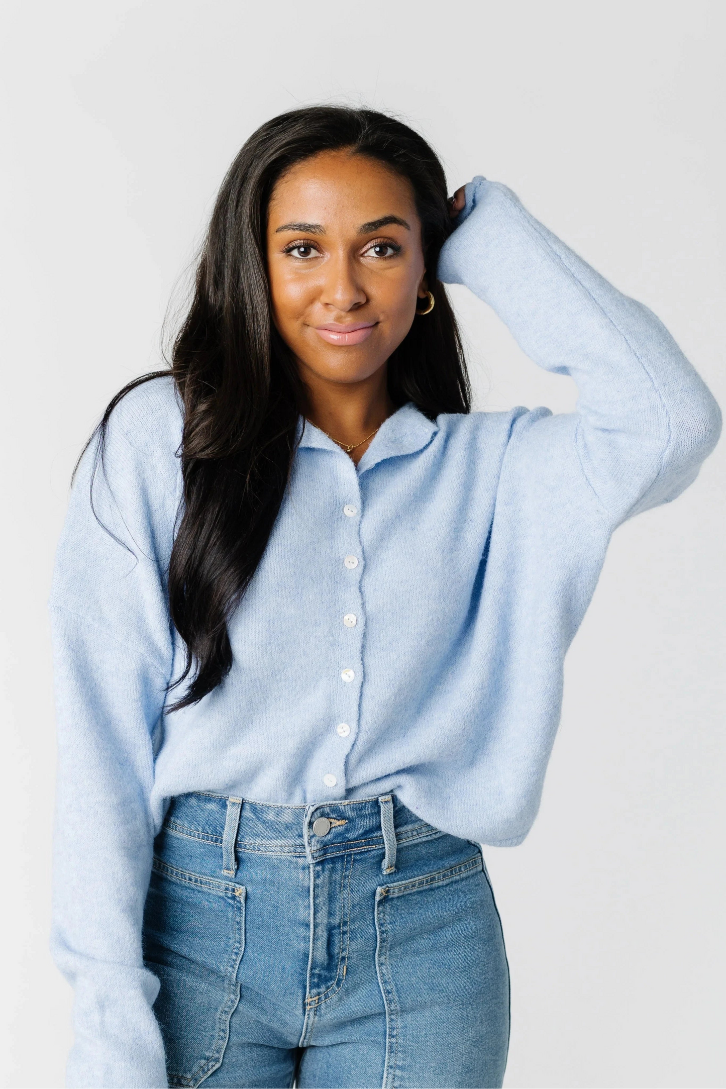 Modest women's light blue cardigan