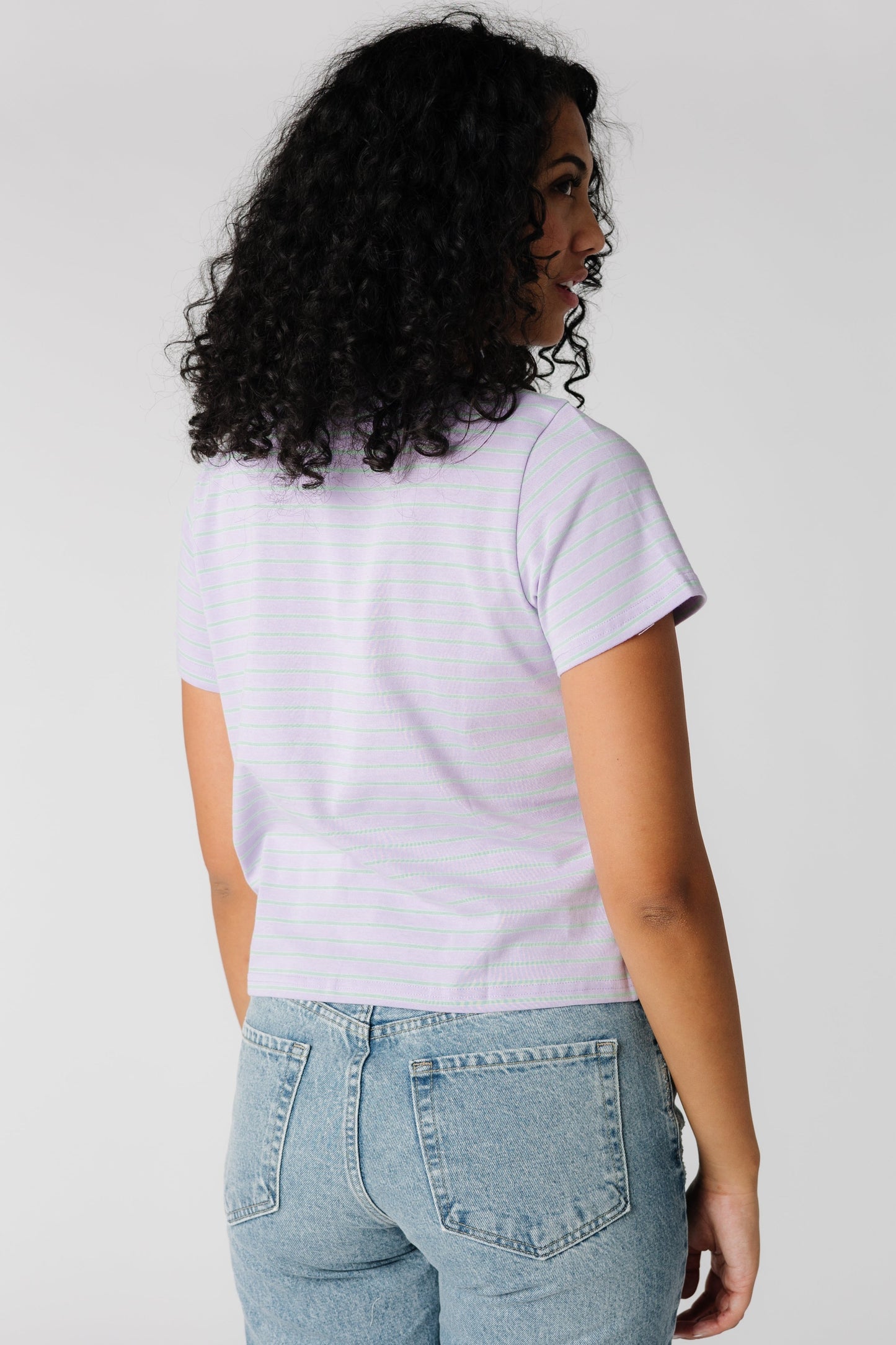 Back view of purple stripe short sleeve tee