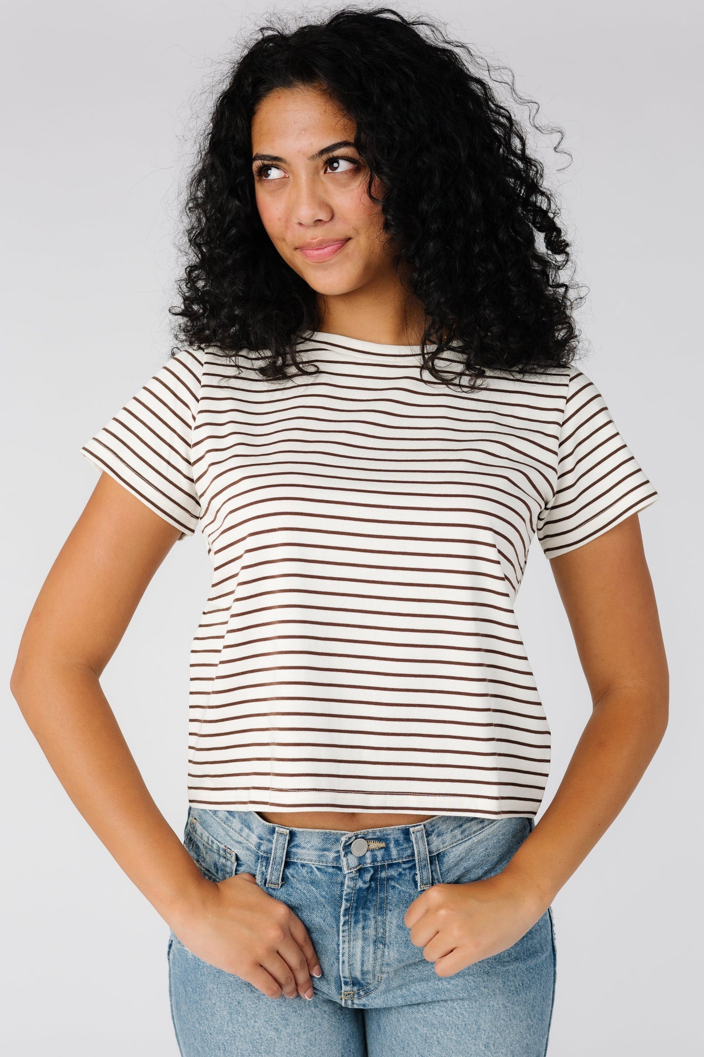 Modest short sleeve tee with brown stripes