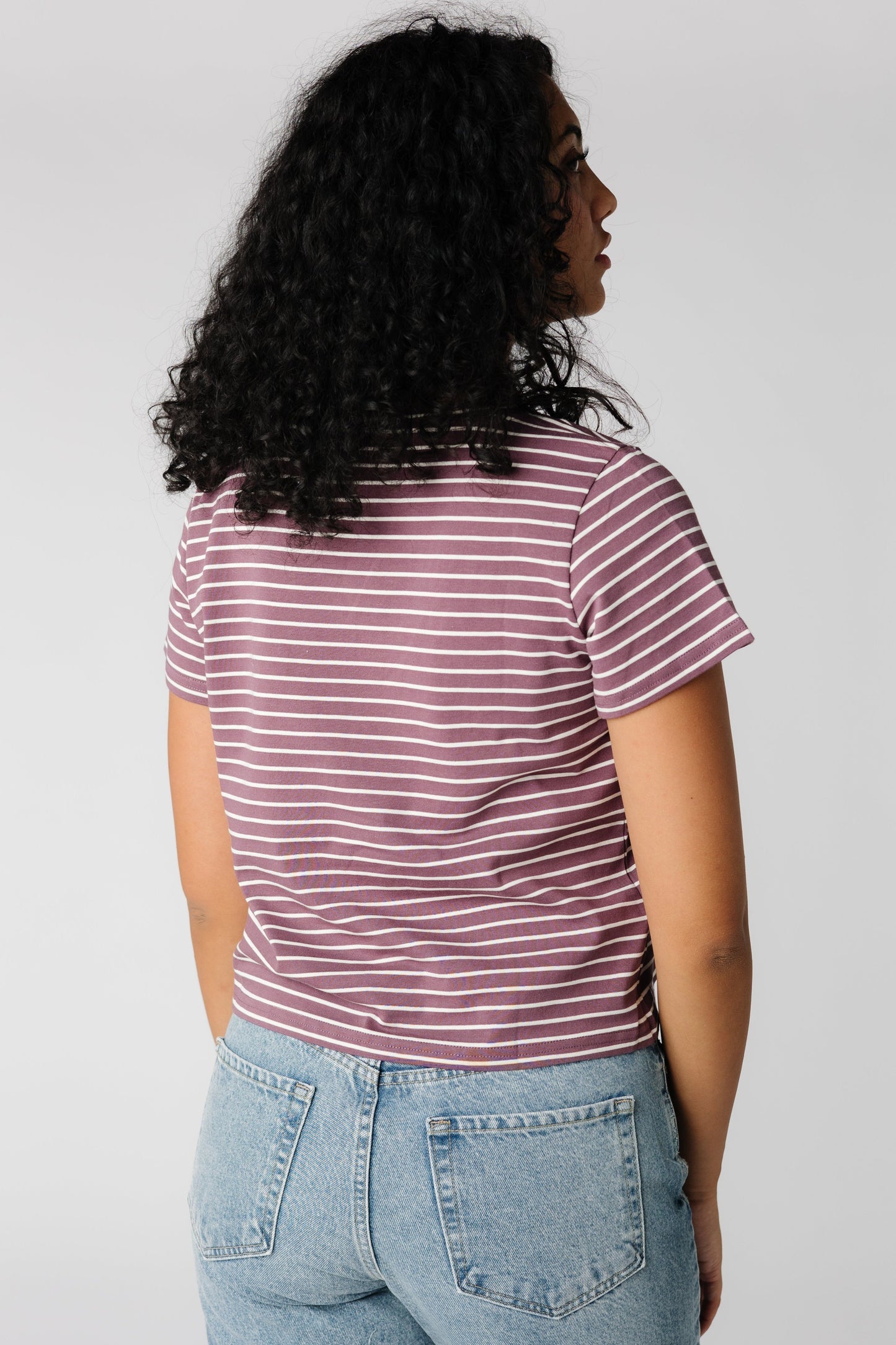 Back view of plum stripe tee
