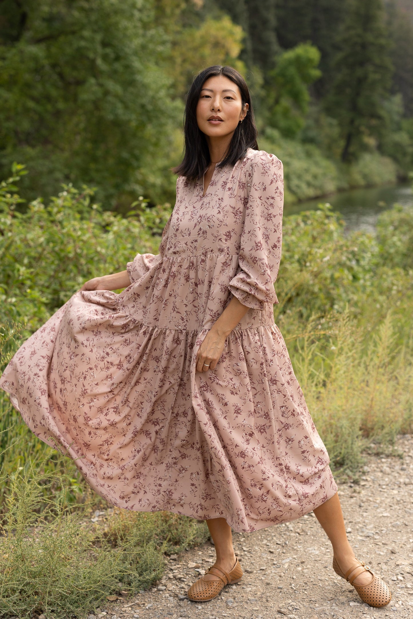 Brass & Roe Roxi Dress for women and teens in mauve flora print