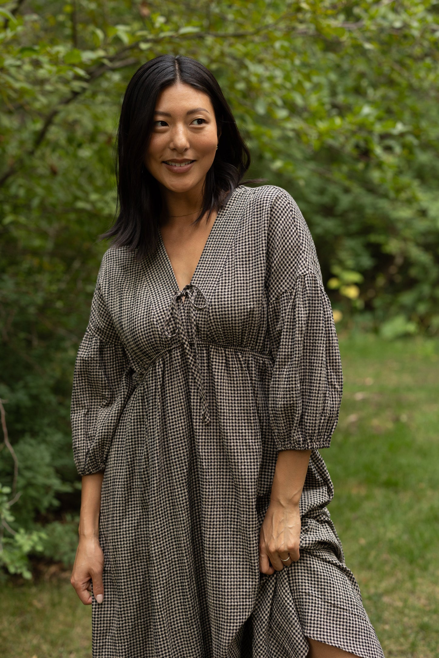 Brass & Roe Gauze Tie Front Dress - Gingham WOMEN'S DRESS brass & roe Black Gingham XS