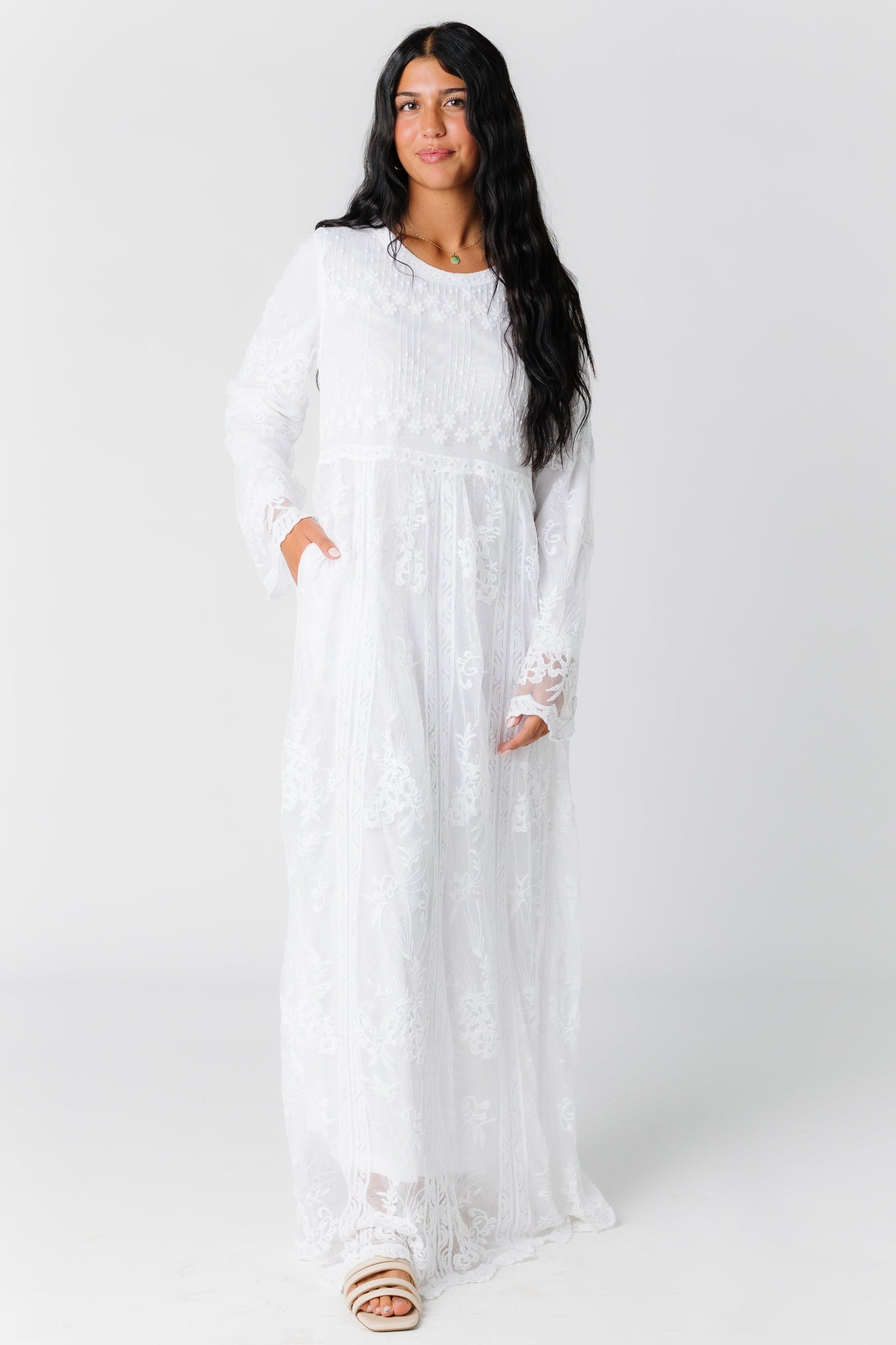 White lace maxi dress with long sleeves