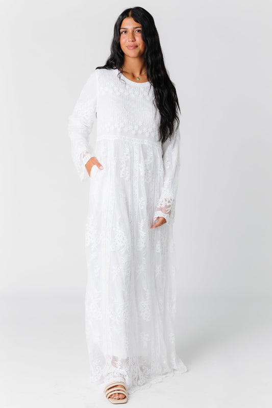 White lace maxi dress with long sleeves
