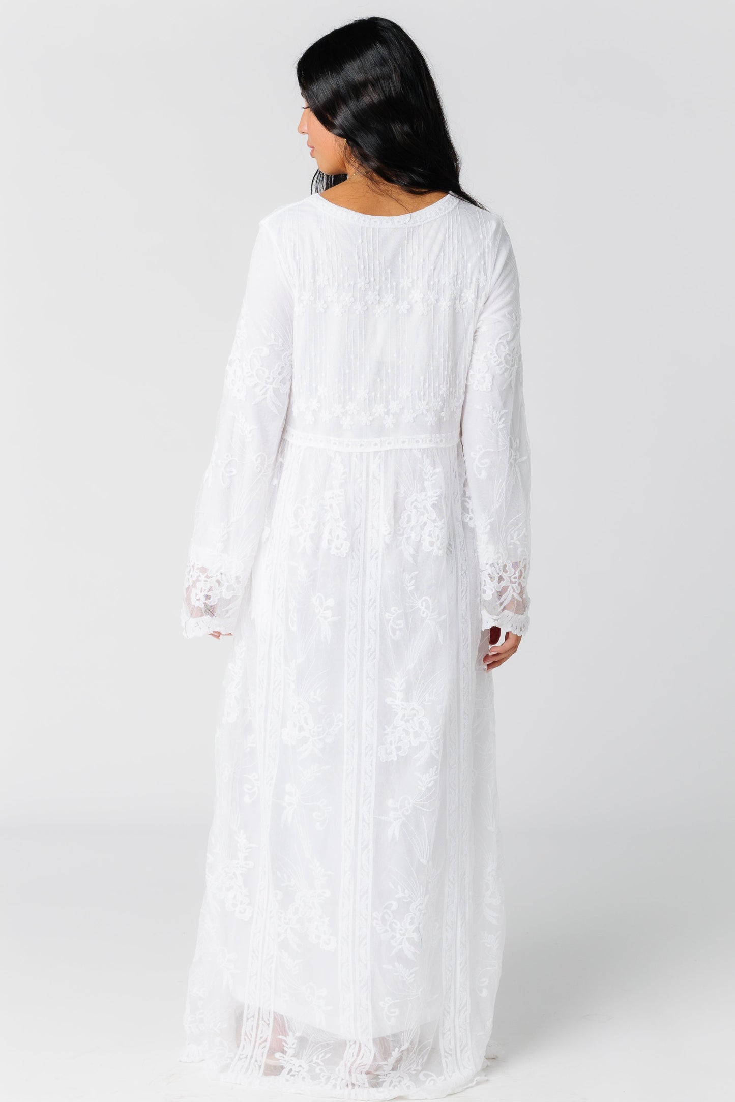 Back view of long sleeve lace maxi dress