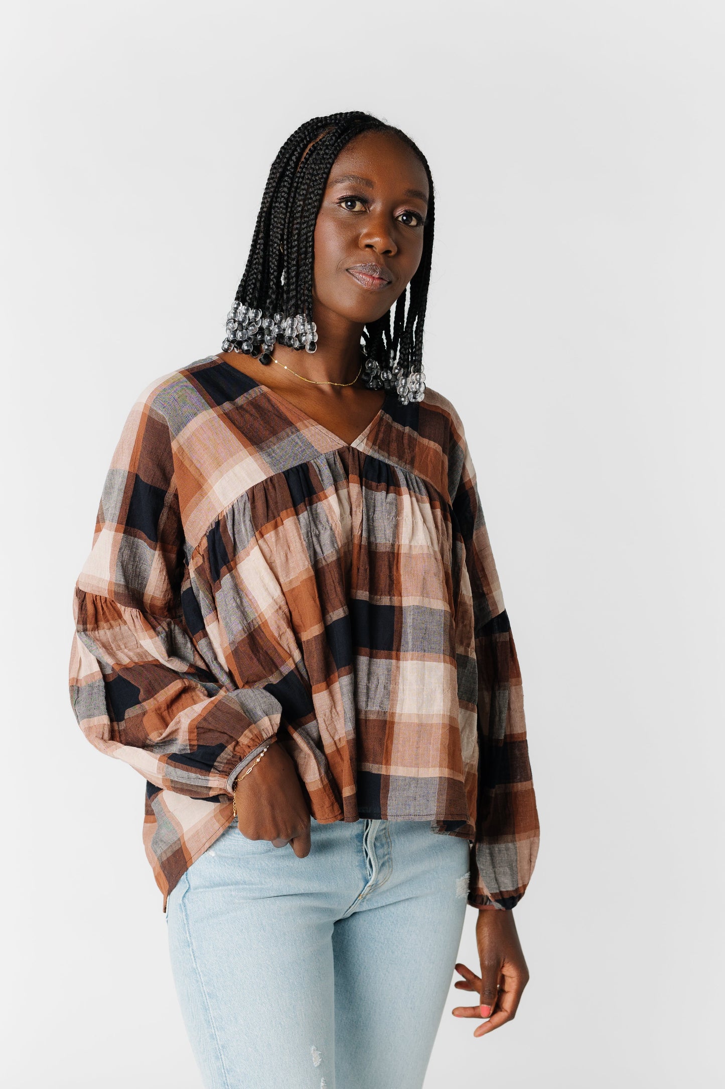 Plaid Balloon Sleeve Blouse WOMEN'S TOP Grade & Gather