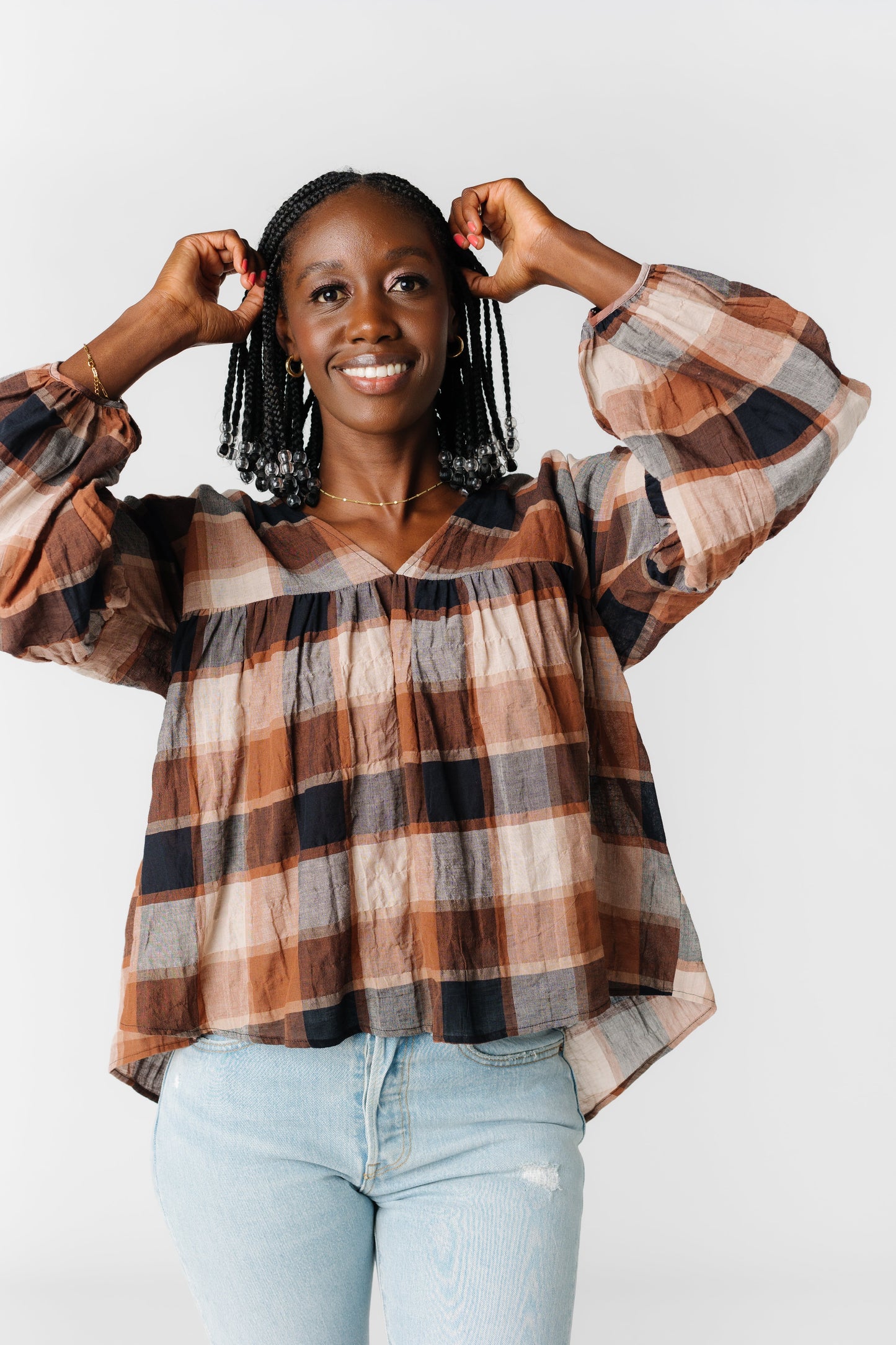 Plaid Balloon Sleeve Blouse WOMEN'S TOP Grade & Gather Maple L
