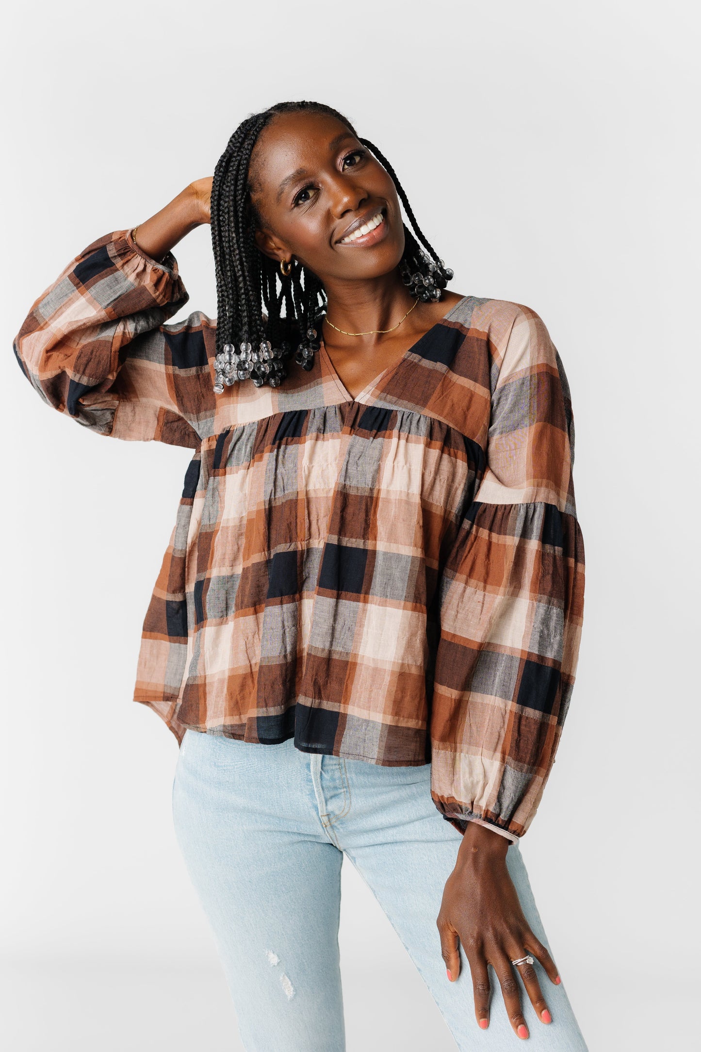 Plaid Balloon Sleeve Blouse WOMEN'S TOP Grade & Gather