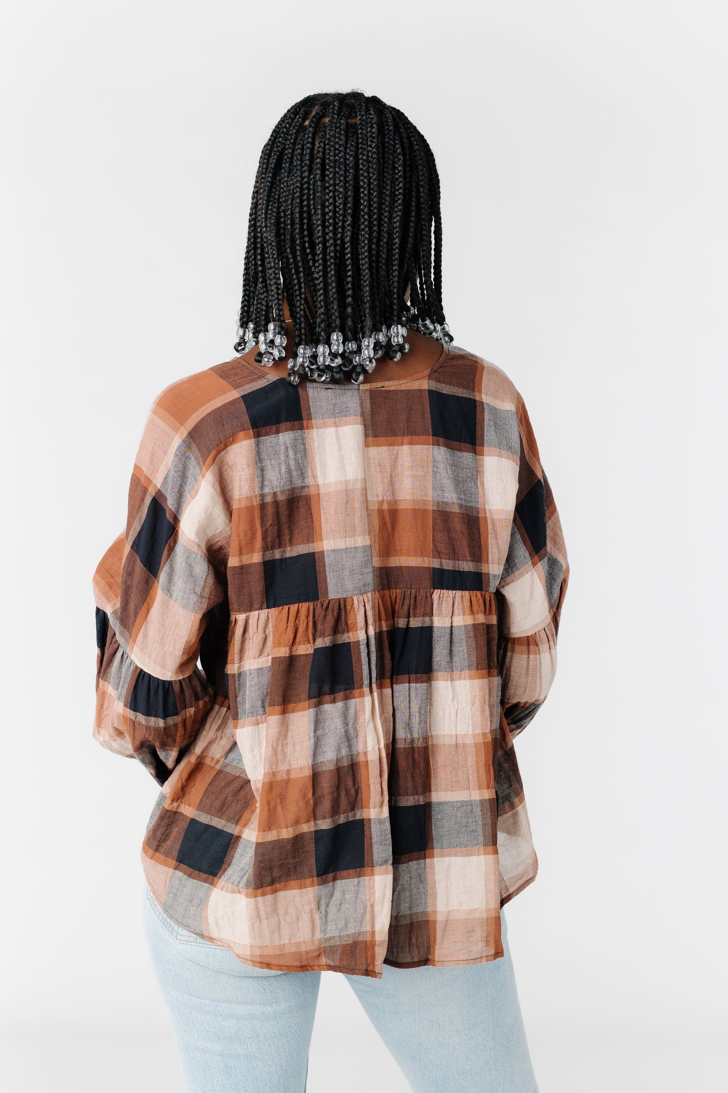 Plaid Balloon Sleeve Blouse WOMEN'S TOP Grade & Gather