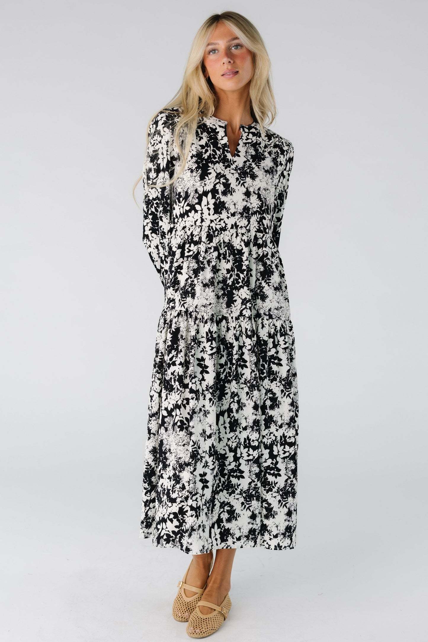 Modest women and teens floral print midi dress with long sleeves and V-neckline