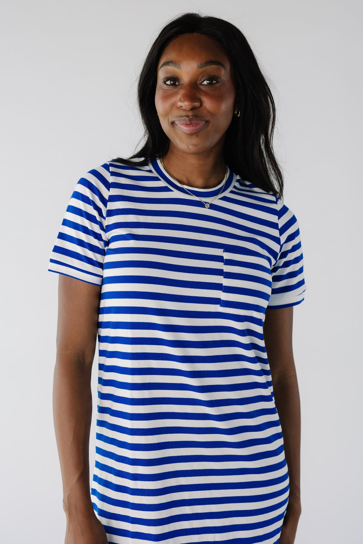 Close view of royal blue and white stripe t-shirt dress