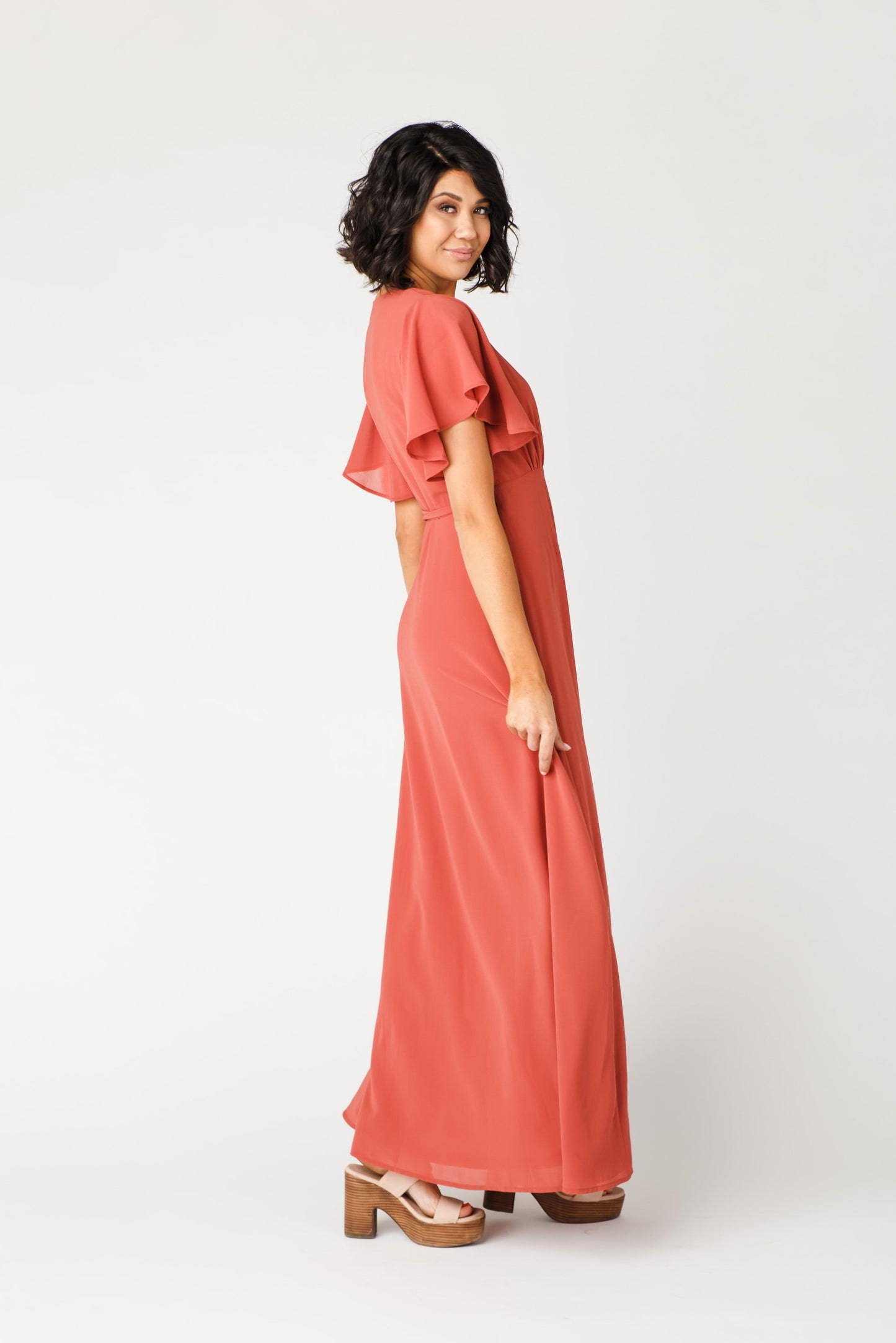 Naples Flutter Sleeve Wrap Maxi - Clay Red Bridesmaid Dress brass & roe 