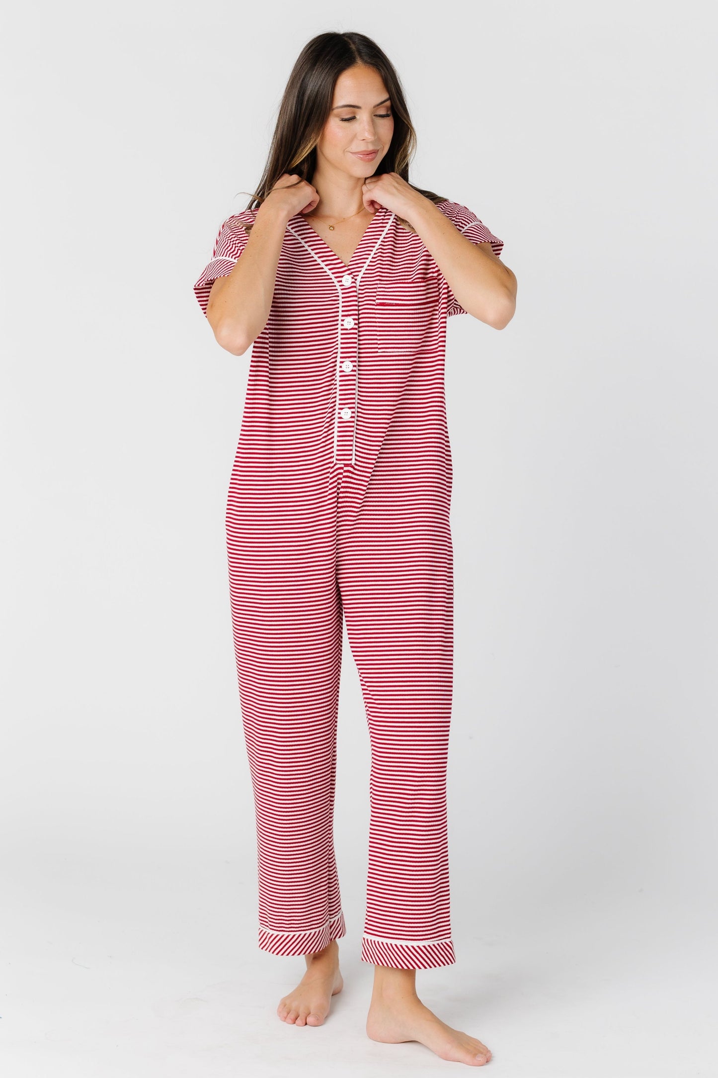 Modest red stripe one piece pajama with short sleeves
