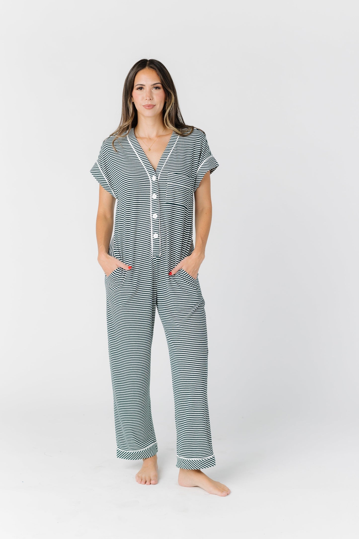 Striped Onesie Pajama - Petite WOMEN'S PAJAMAS brass & roe Green Stripe L