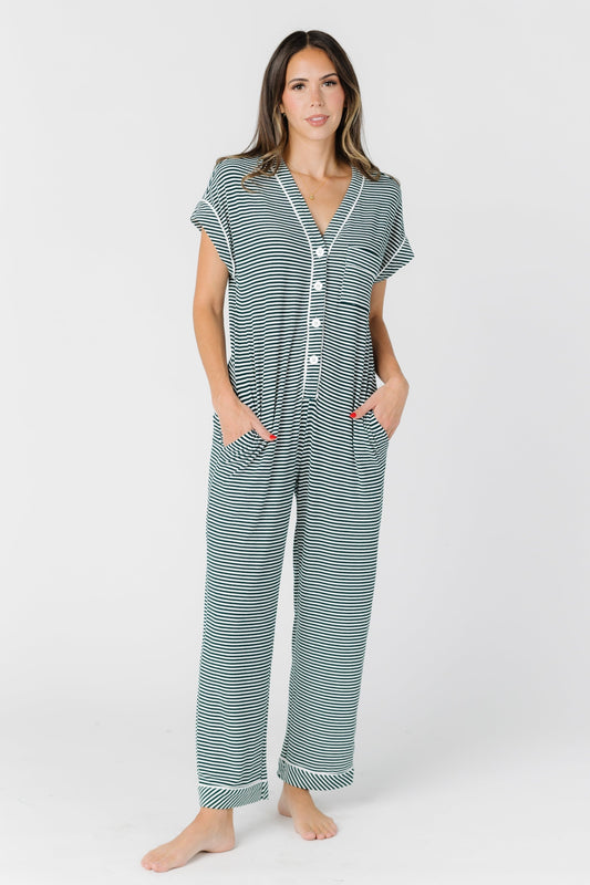 Green stripe onesie pajama with short sleeves