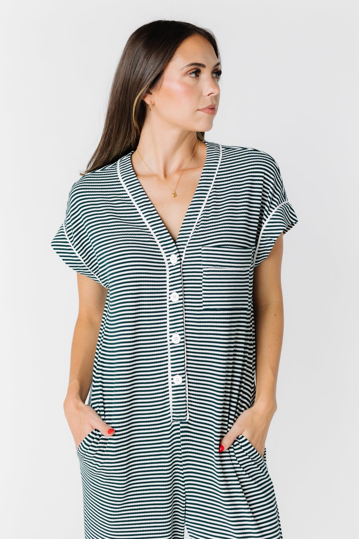 Close view of green stripe short sleeve pajama