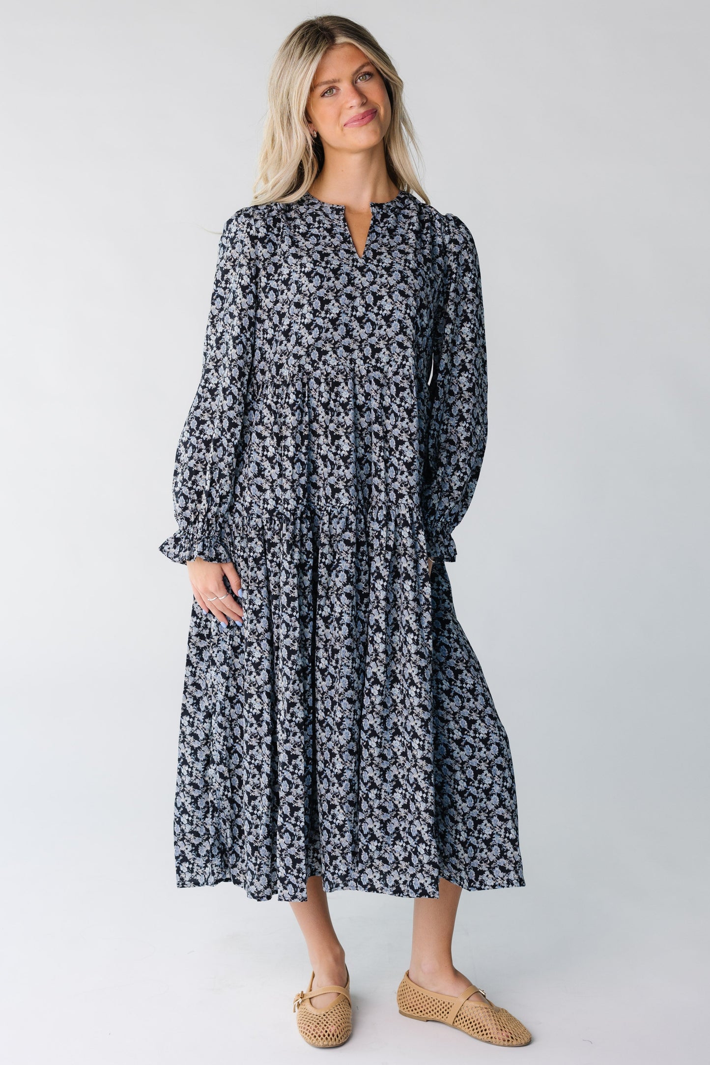Brass & Roe Roxi Chiffon Dress for women in black and blue print