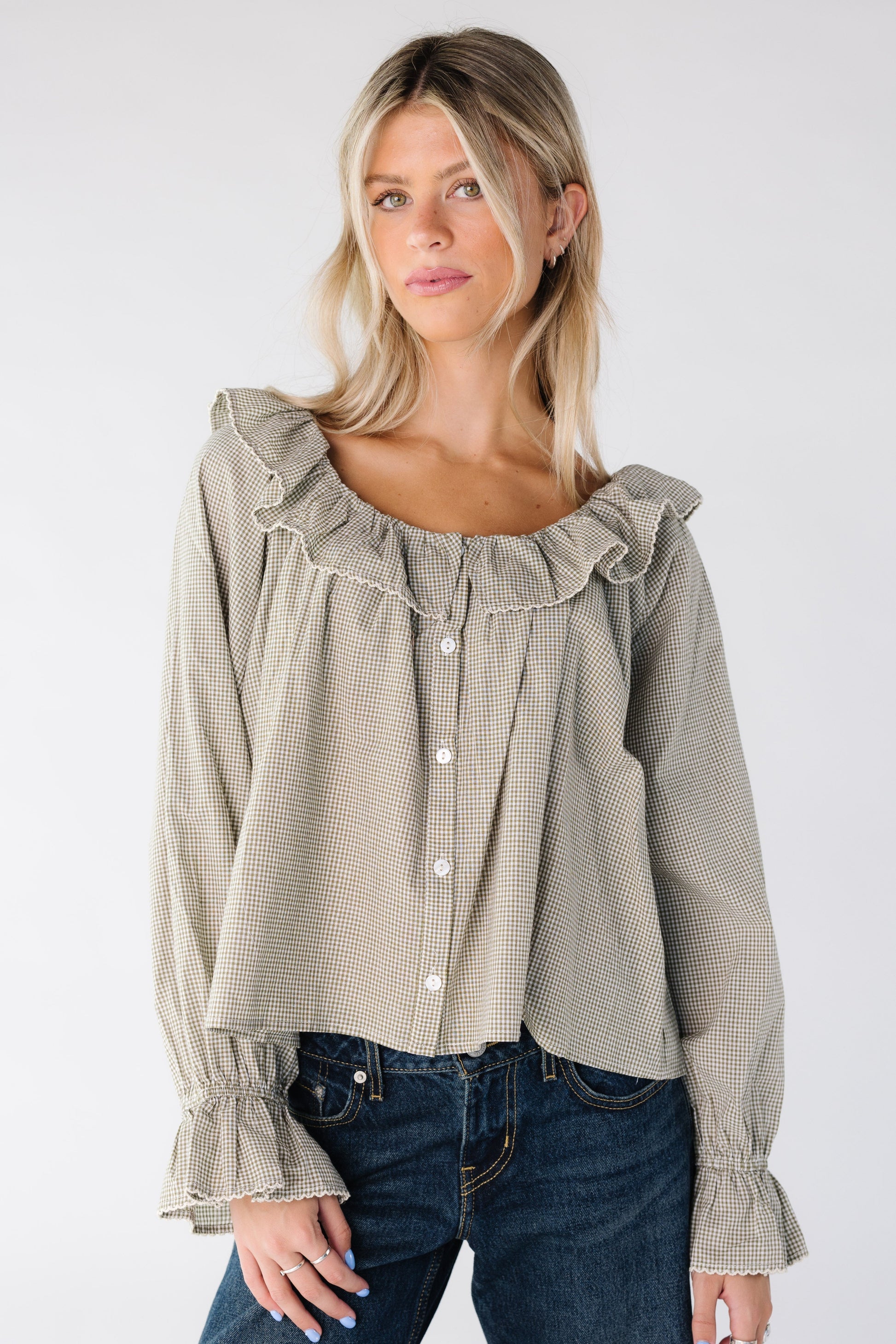 Modest gingham top with scoop neckline and long sleeves in sage