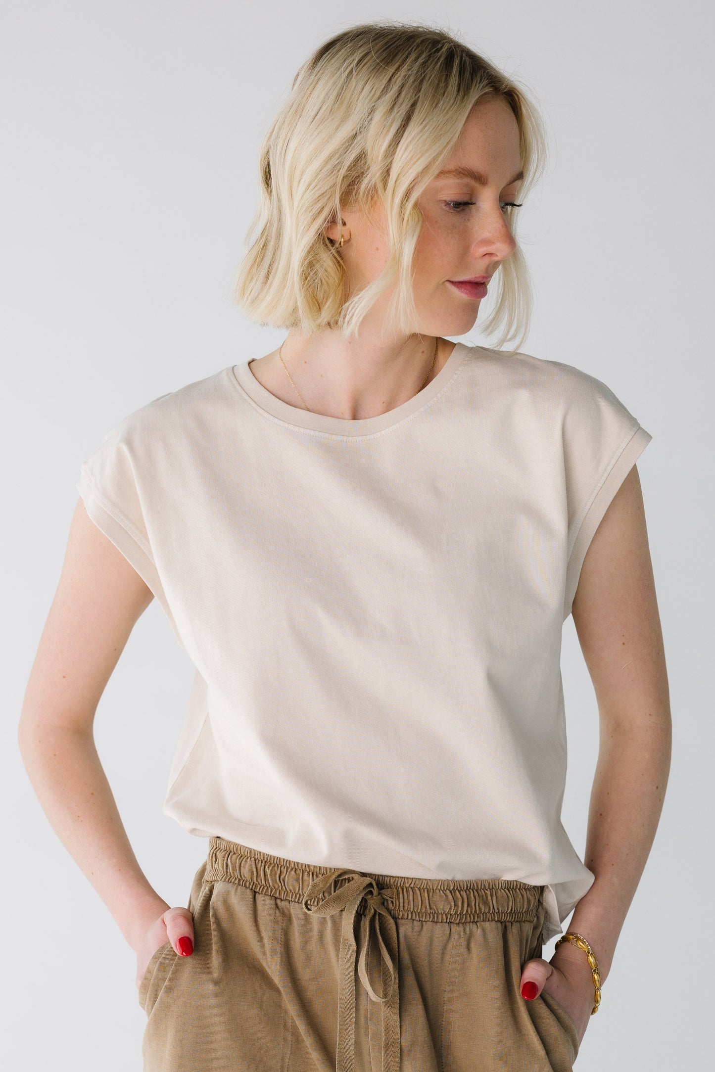 Modest cap sleeve tee in light taupe