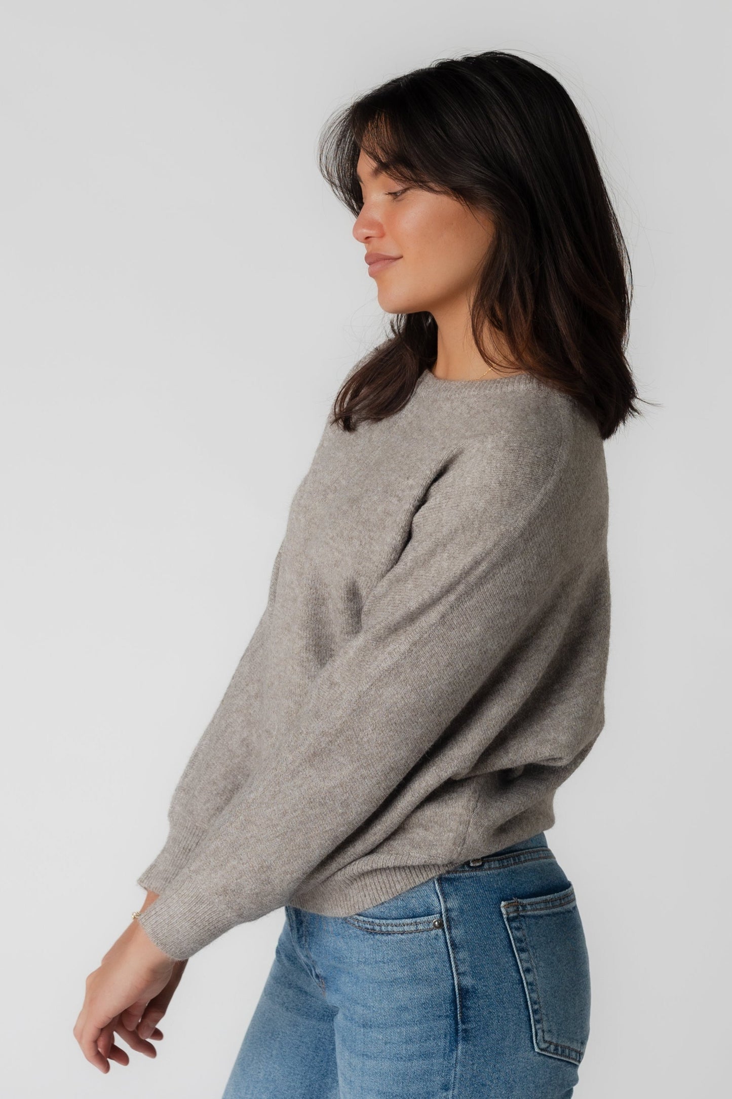 Light mocha long sleeve sweater side view