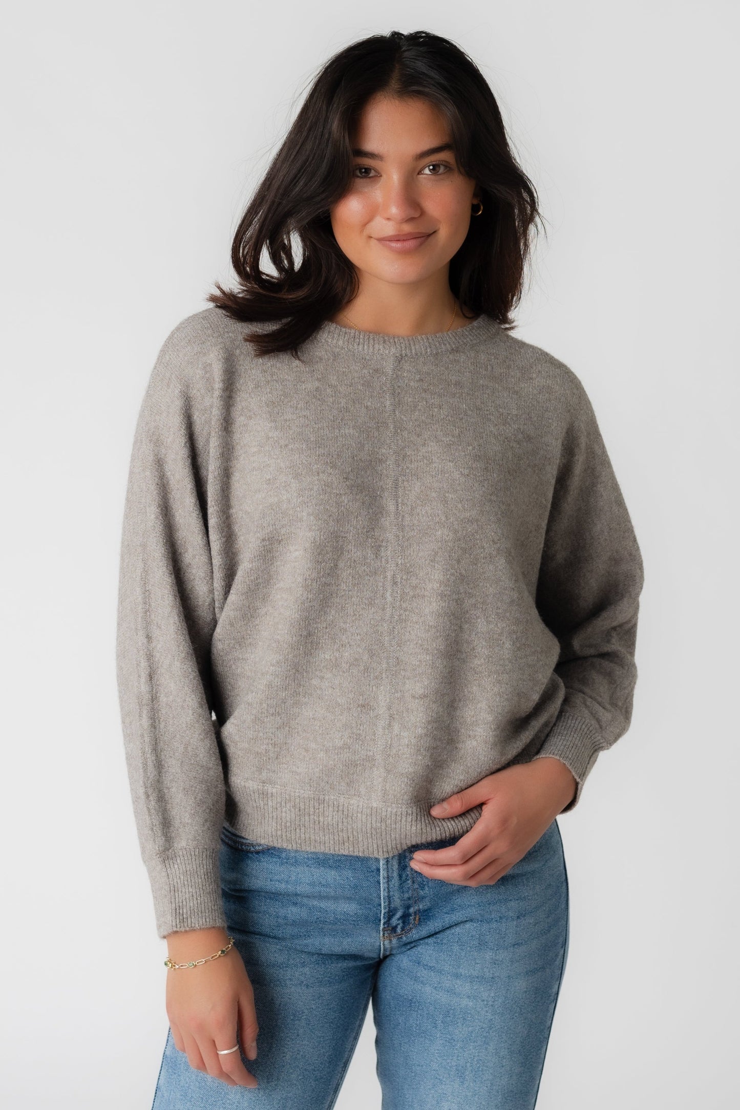 Modest mocha long sleeve sweater with high round neckline