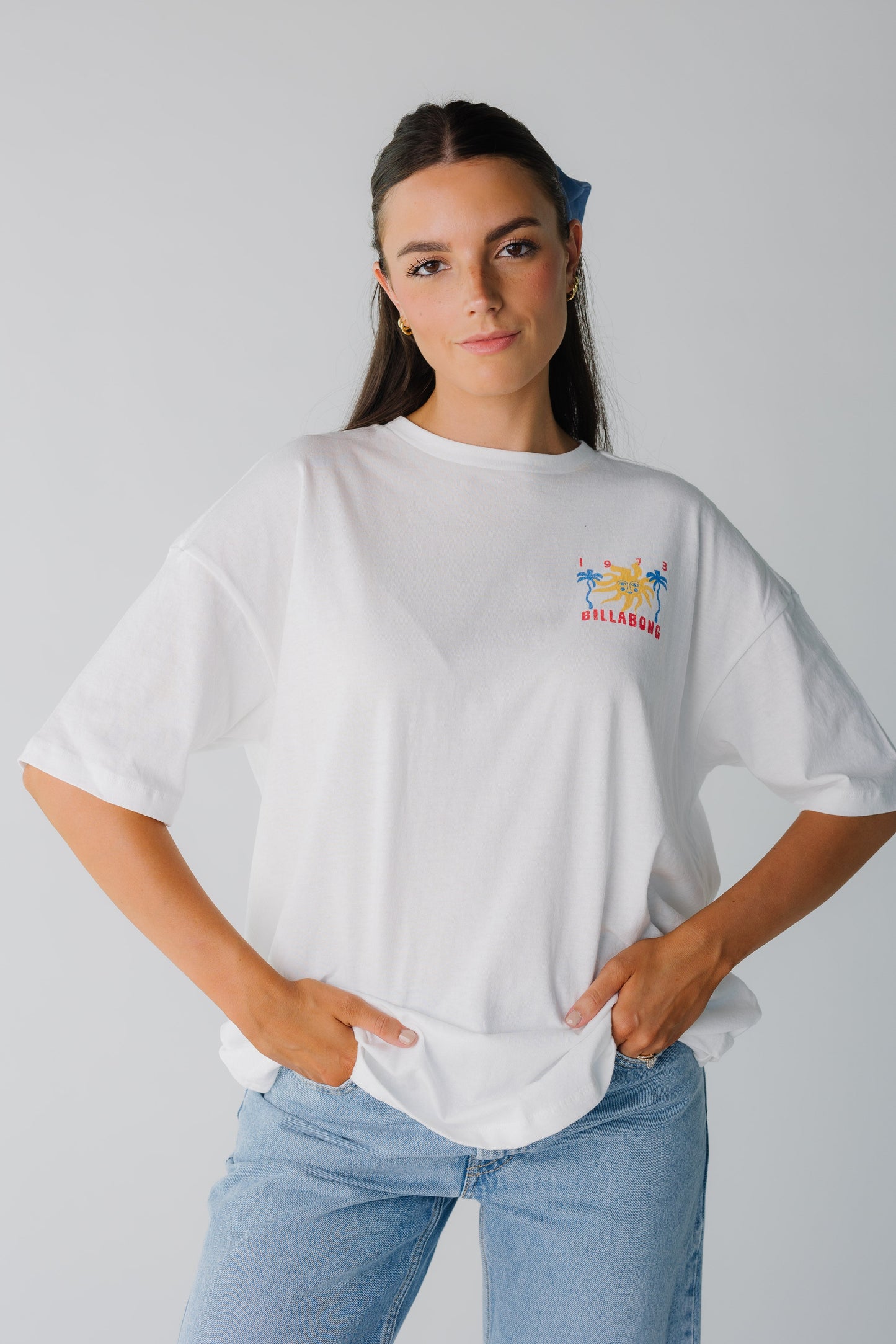 Billabong white graphic tee with small front graphic and large back graphic