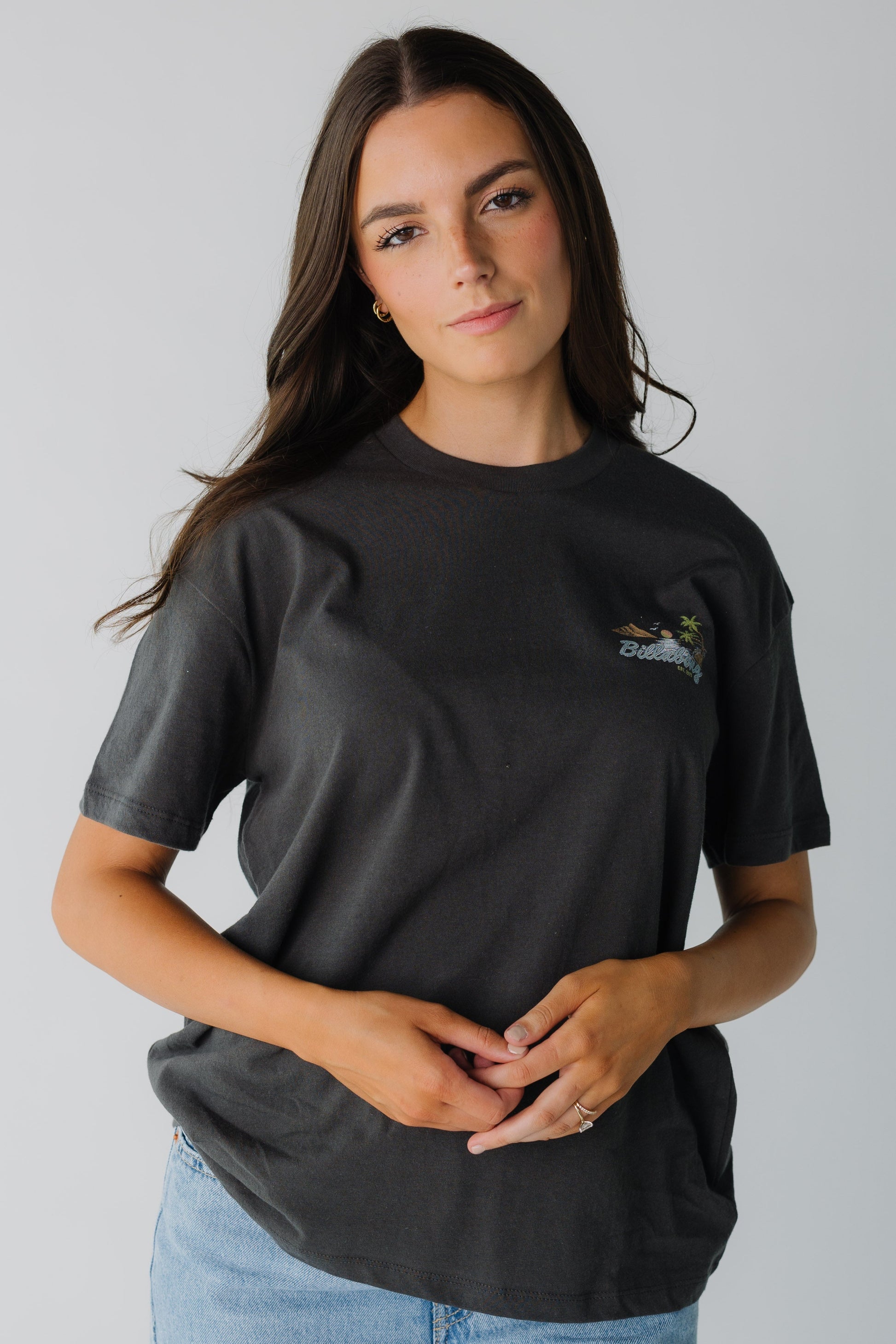 Black graphic tee by Billabong with short sleeves