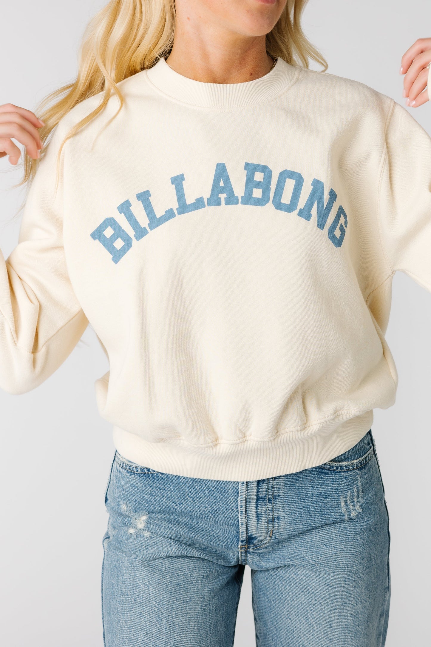 Close up view of the front graphic on Billabong graphic sweatshirt ABJFT00459