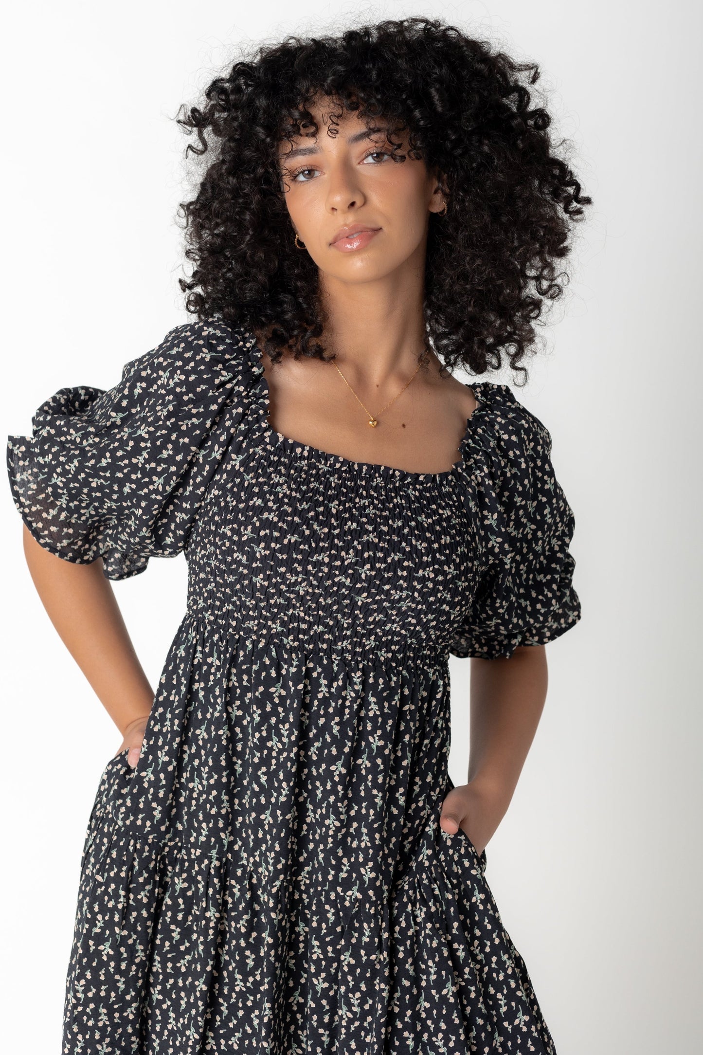 Black print midi with square neckline and half length sleeves