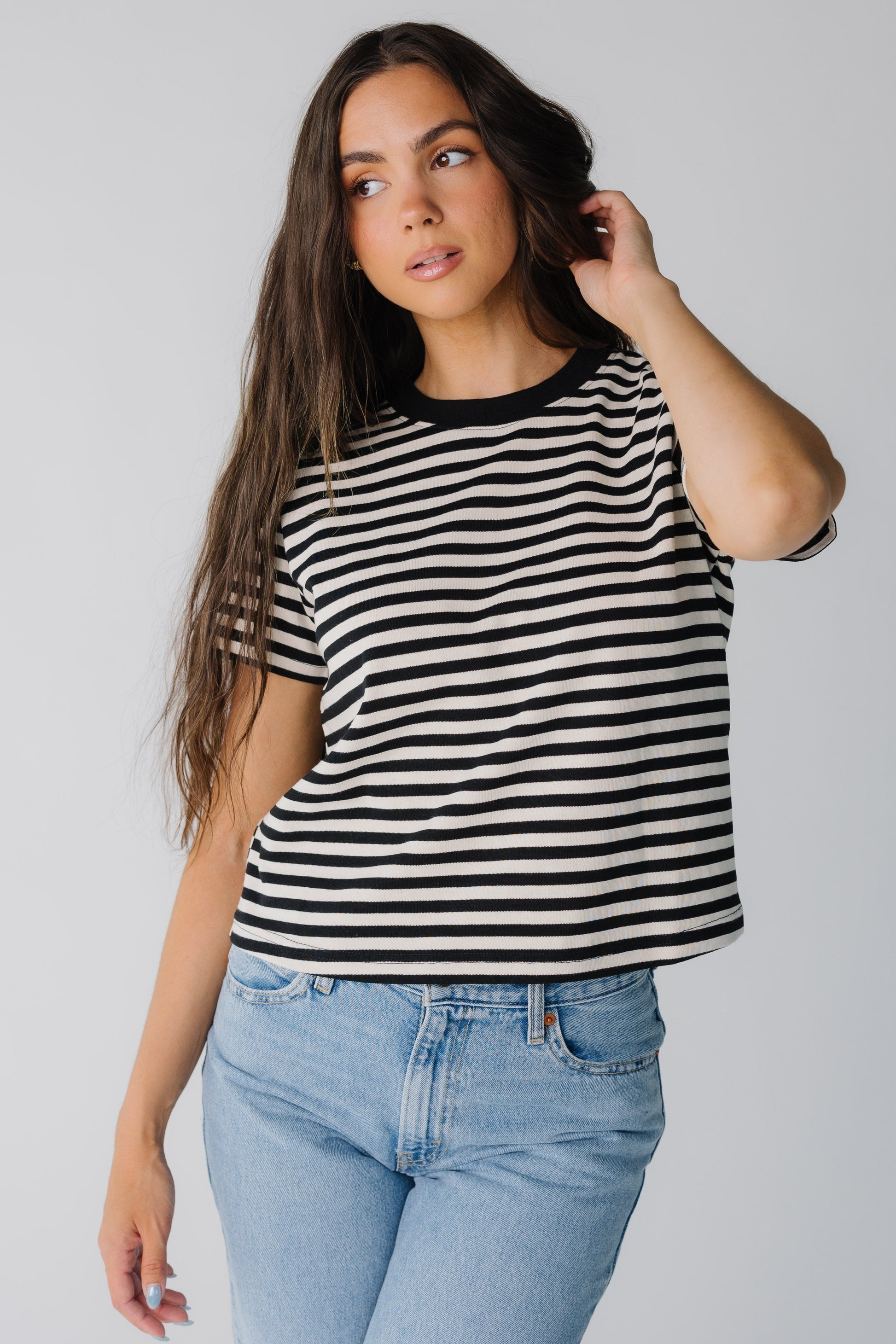 Black and white stripe boxy tee for women