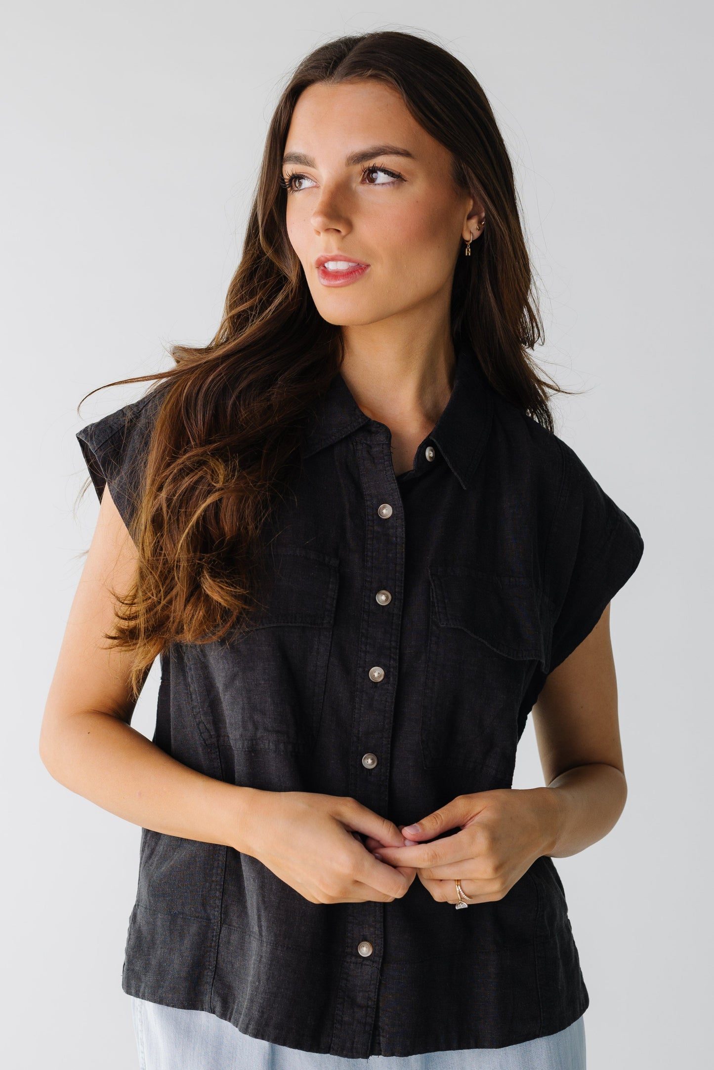 Modest black button down top with pointed collar and short sleeves