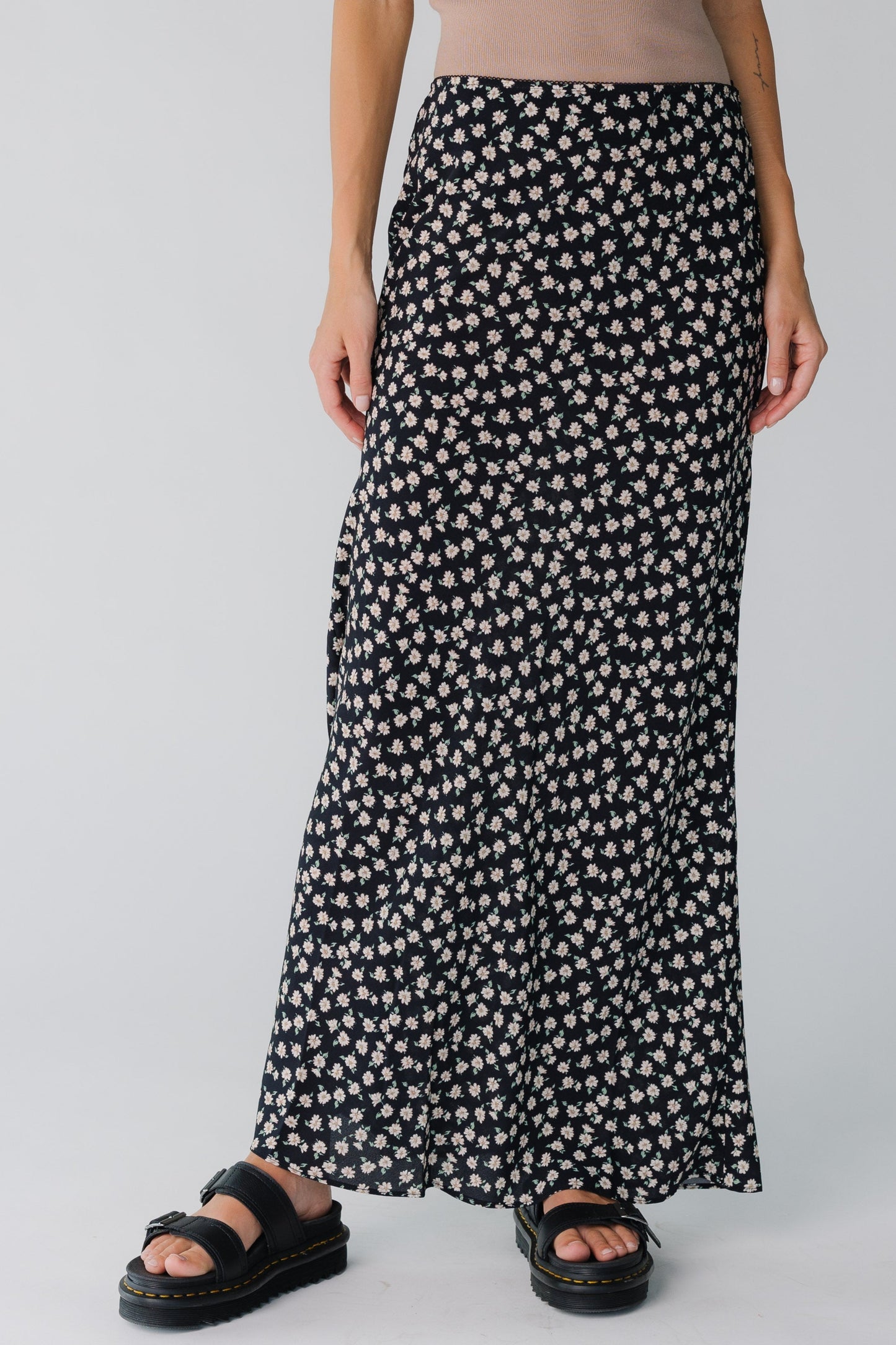 Modest black maxi skirt in black with floral print