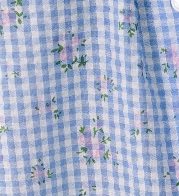 Light blue gingham with pink floral fabric swatch.