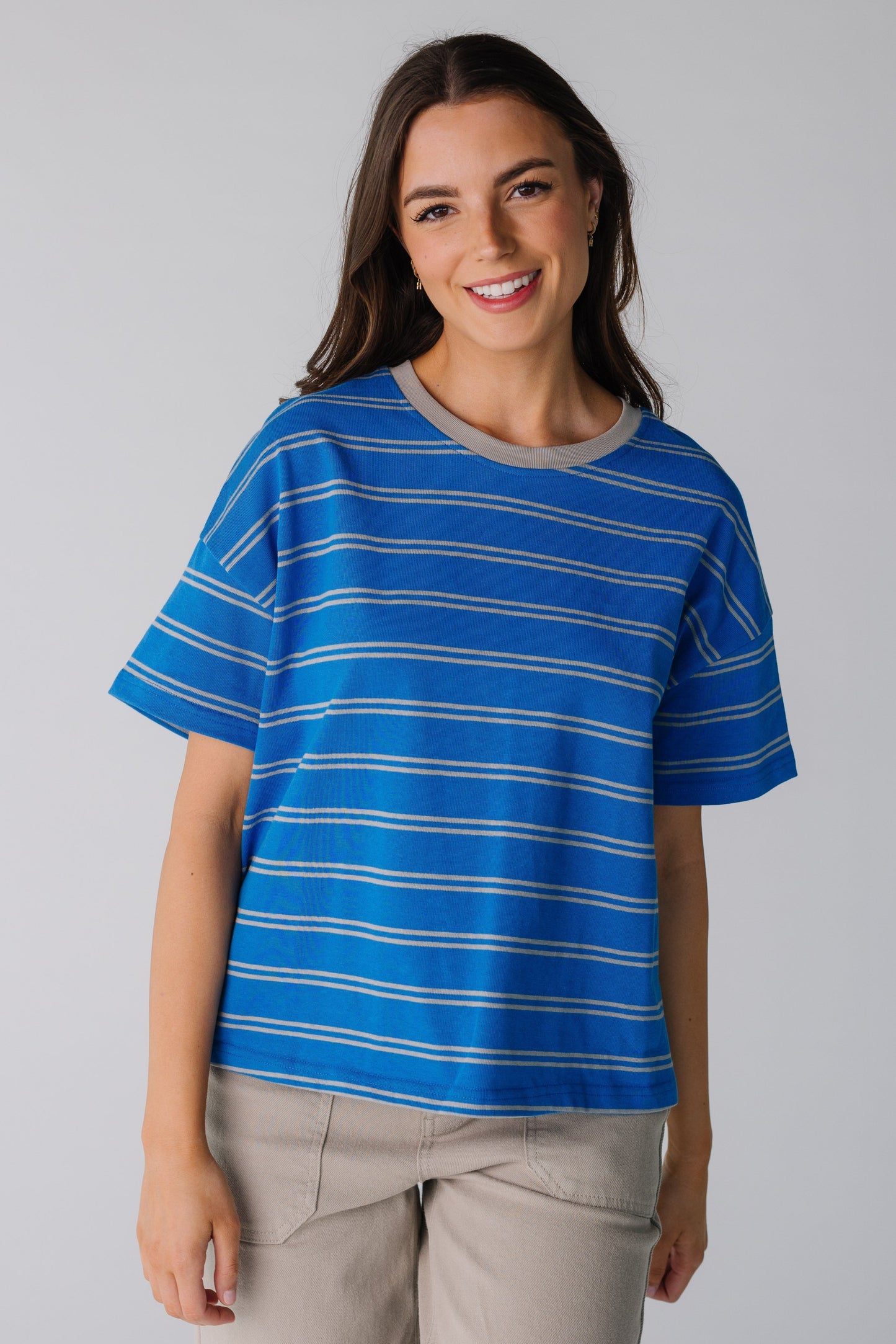 Modest royal and grey double stripe tee with grey ribbed neckline
