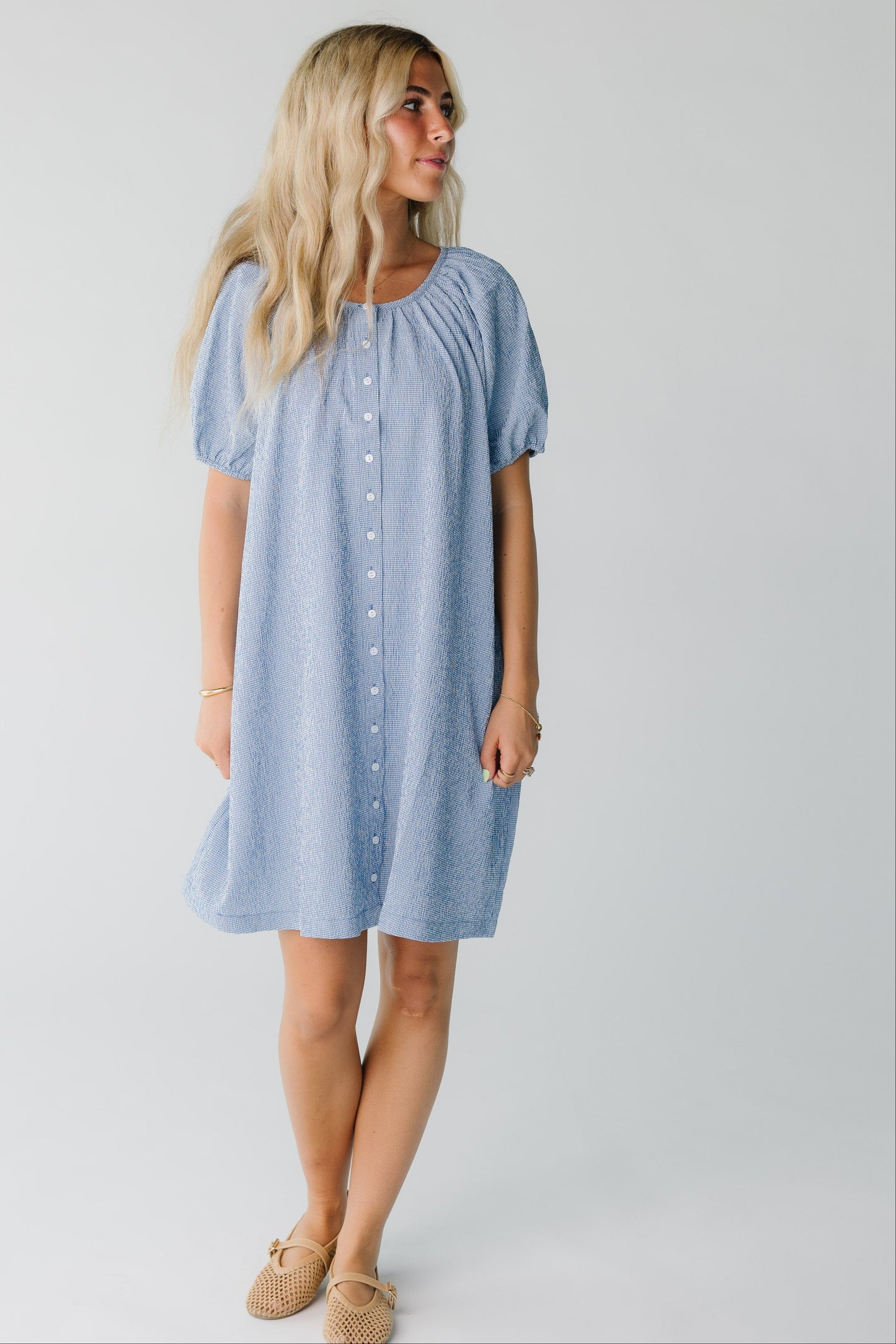 Modest women's button down knee length dress in blue