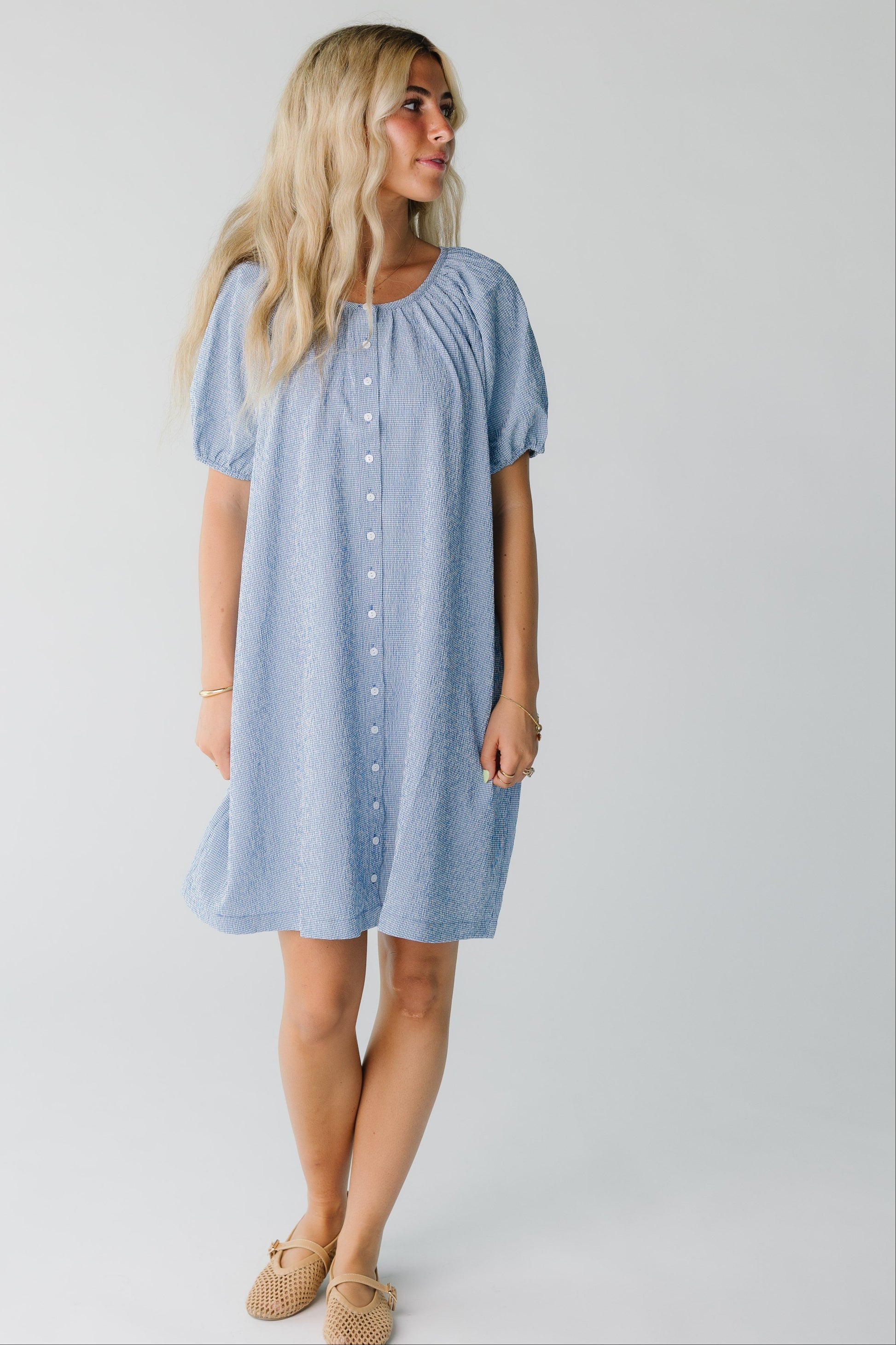 Modest women's button down knee length  dress in blue