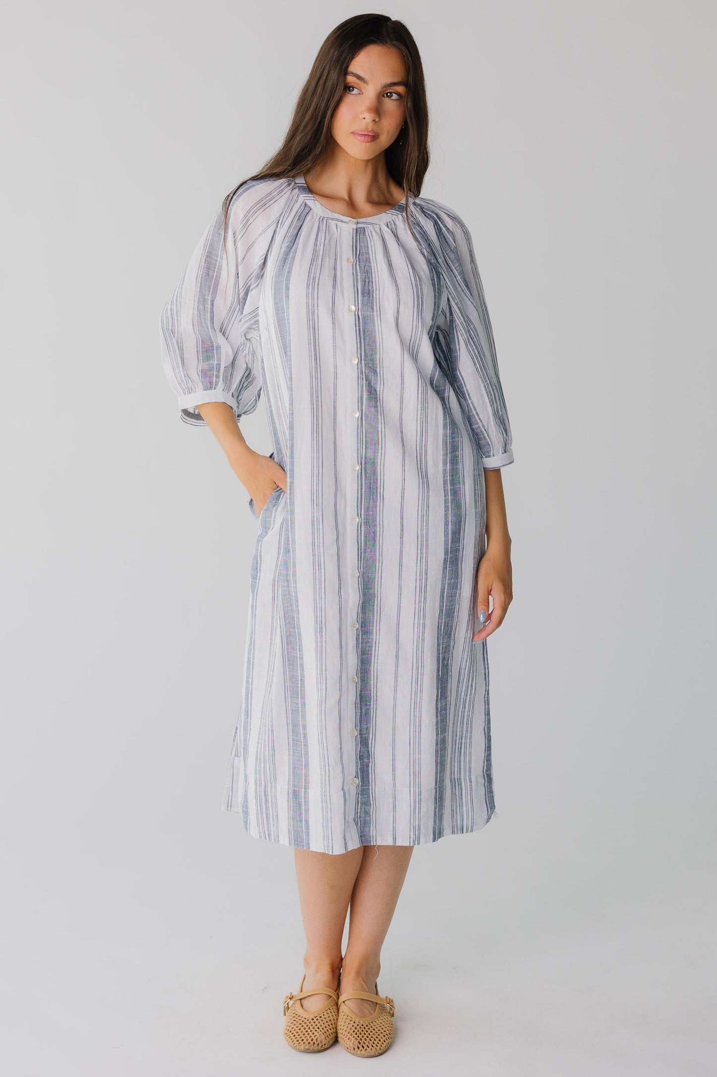 Citrus Seaside Button Down Midi Dress in white and blue stripe